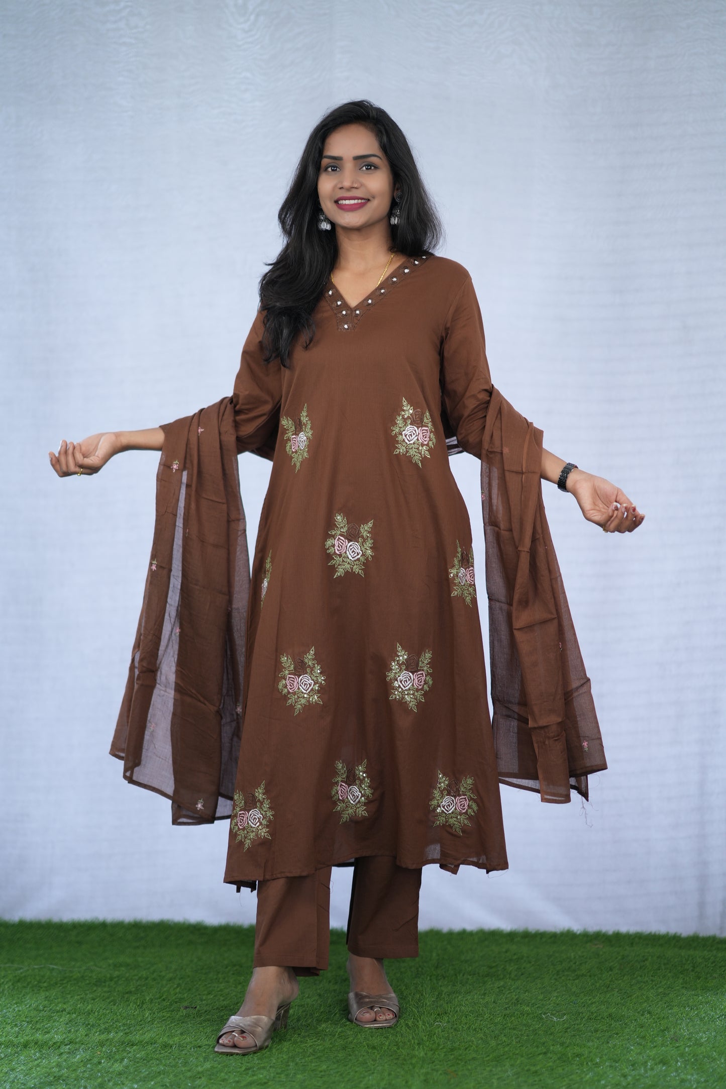 Brown Color Mul Cotton 3 Piece set With Embroidery work and Complete Lining