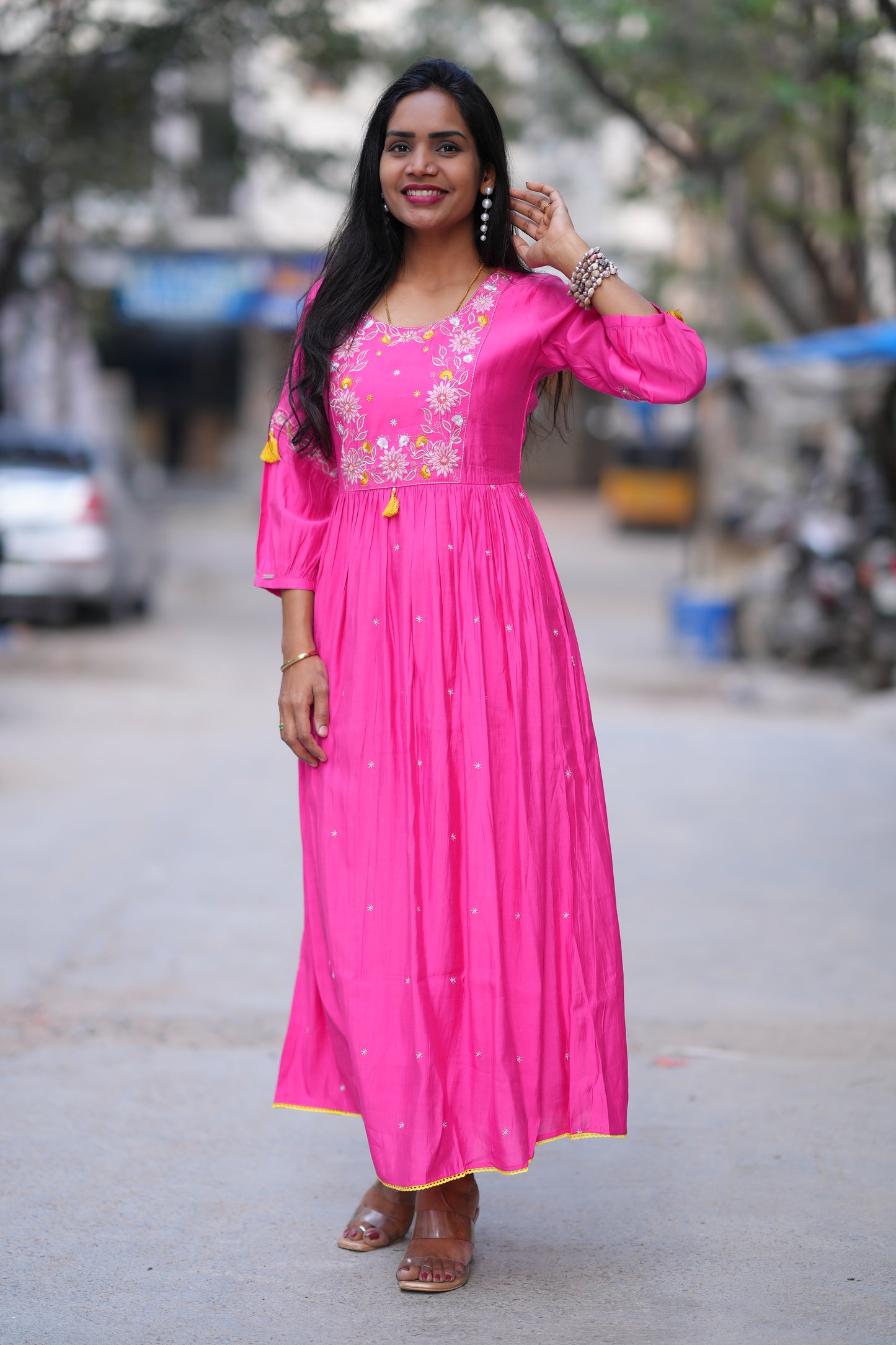 Pink Color Long Frock With Embriodary Work in Viscose Fabric