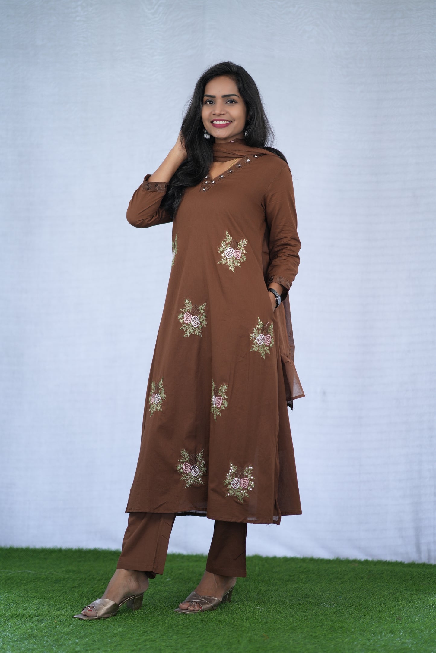 Brown Color Mul Cotton 3 Piece set With Embroidery work and Complete Lining
