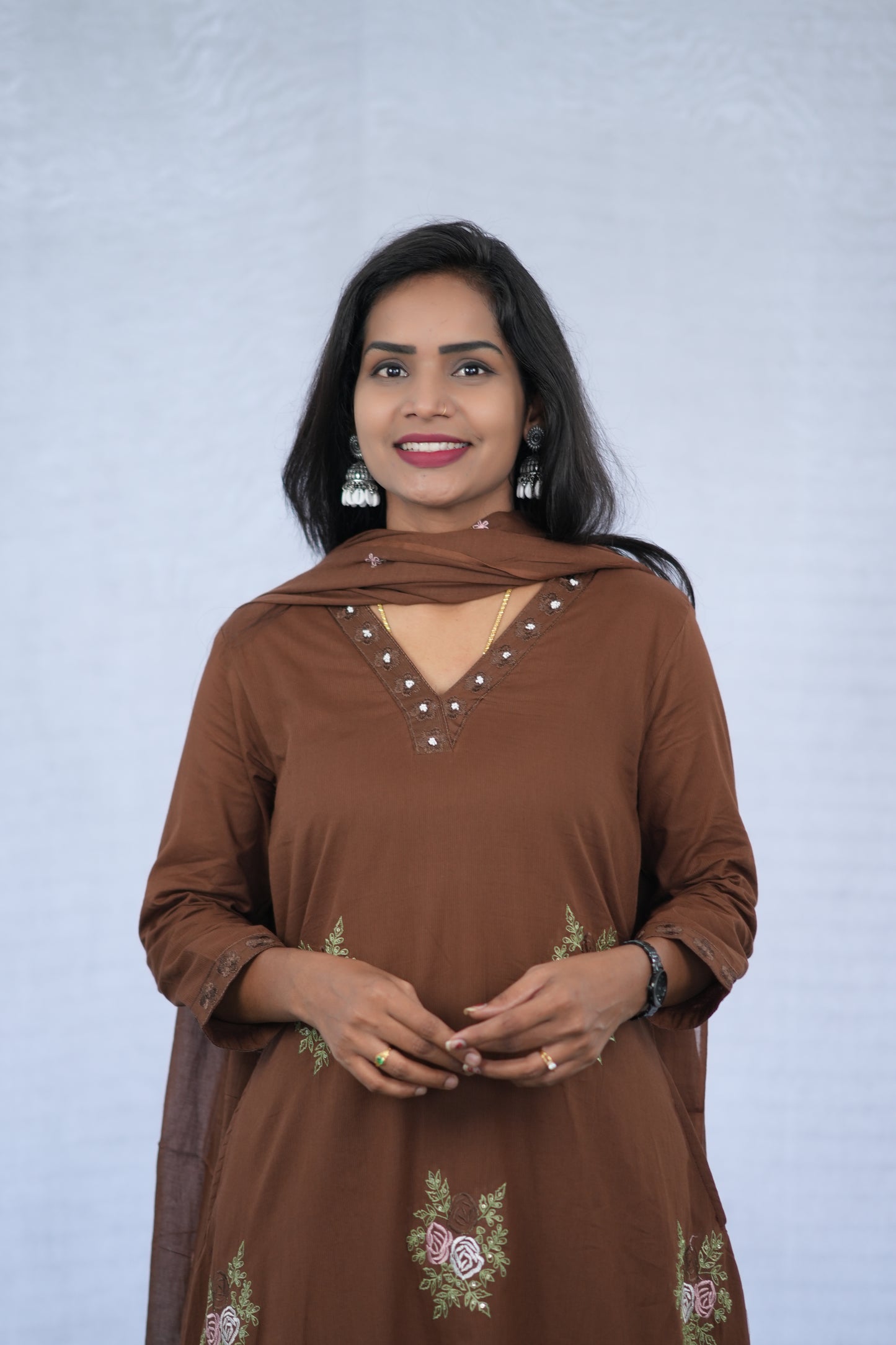 Brown Color Mul Cotton 3 Piece set With Embroidery work and Complete Lining
