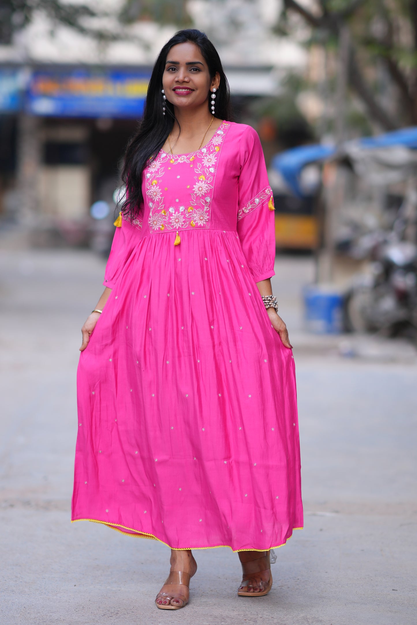 Pink Color Long Frock With Embriodary Work in Viscose Fabric