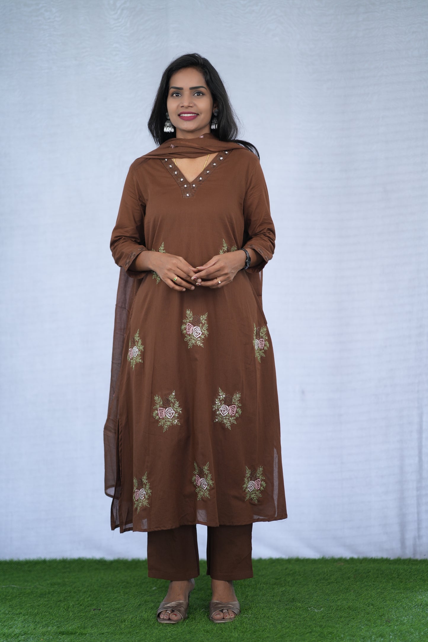 Brown Color Mul Cotton 3 Piece set With Embroidery work and Complete Lining