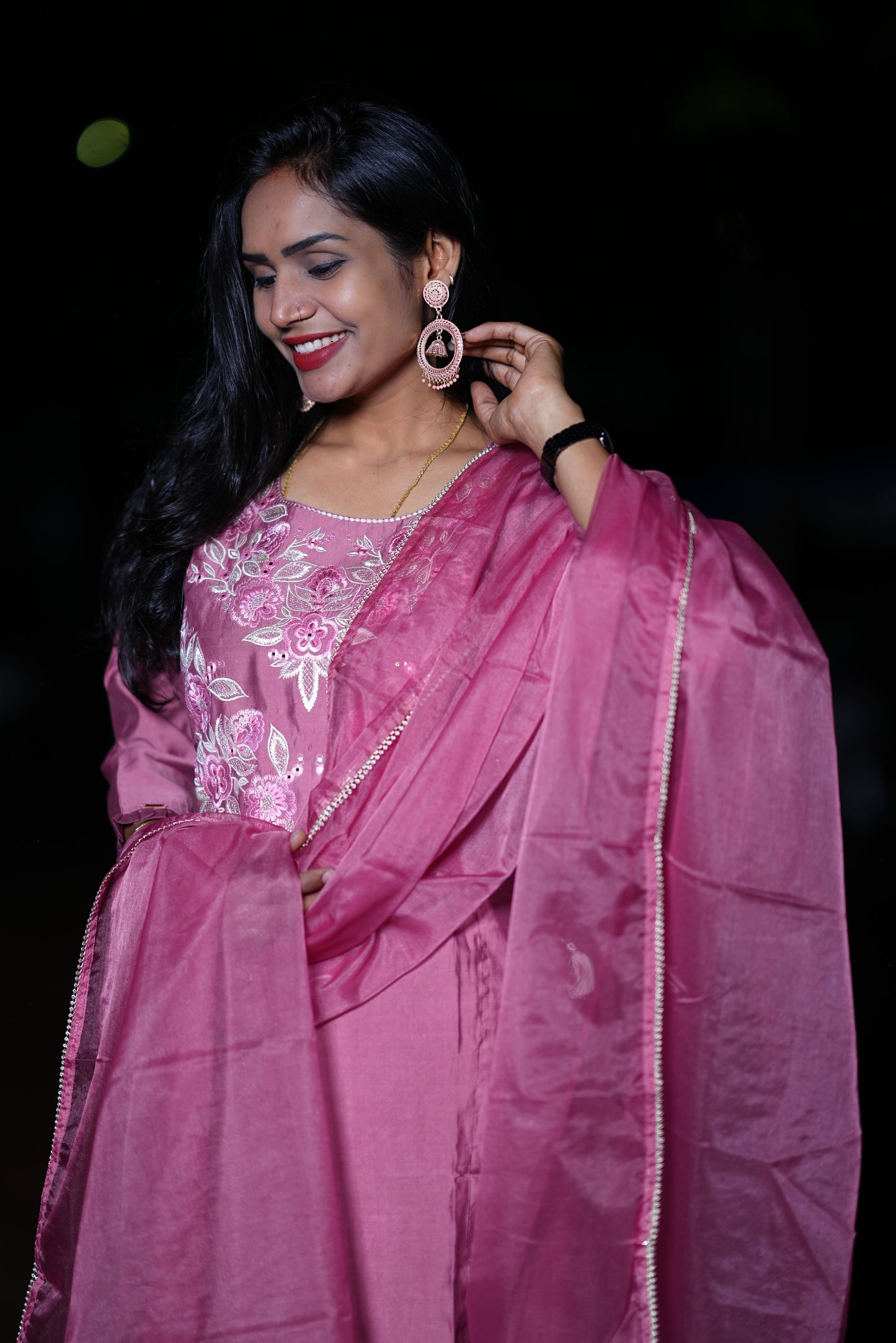 Mauve Pink Designer Wear Pure Mul Chandheri 3 Piece Set