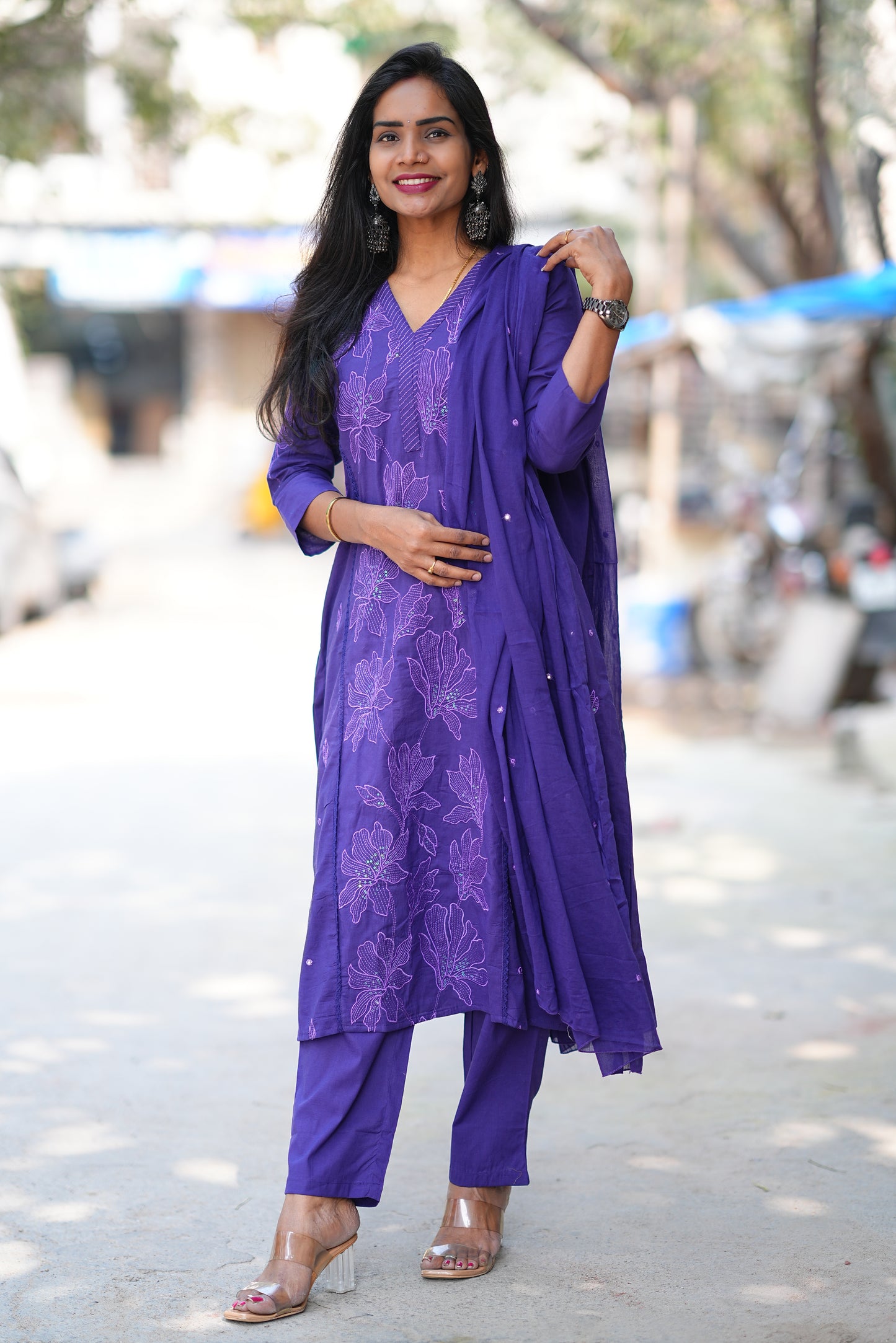 Royal Purple Jaipur Slub Cotton A Line 3 Piece Set With Lining
