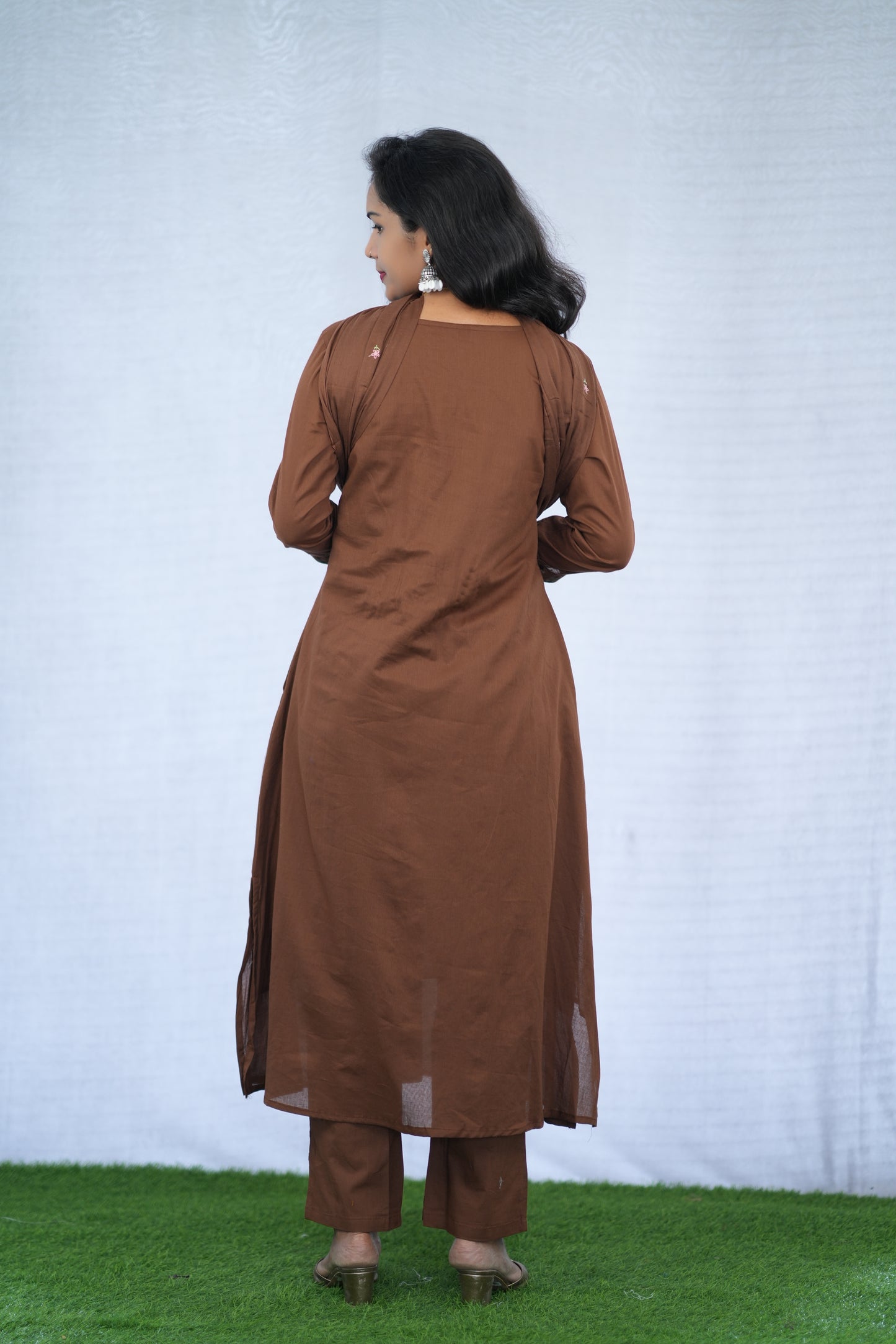 Brown Color Mul Cotton 3 Piece set With Embroidery work and Complete Lining