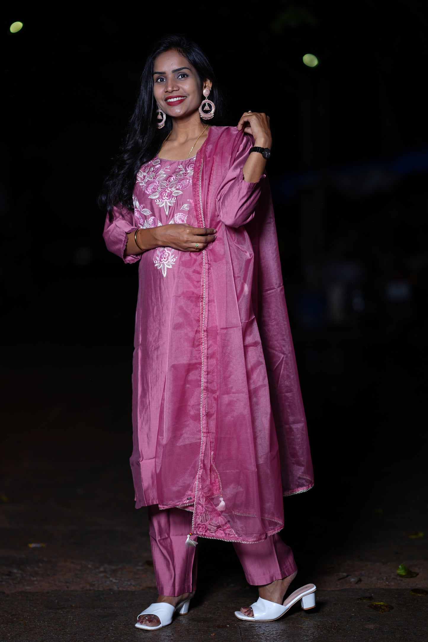 Mauve Pink Designer Wear Pure Mul Chandheri 3 Piece Set