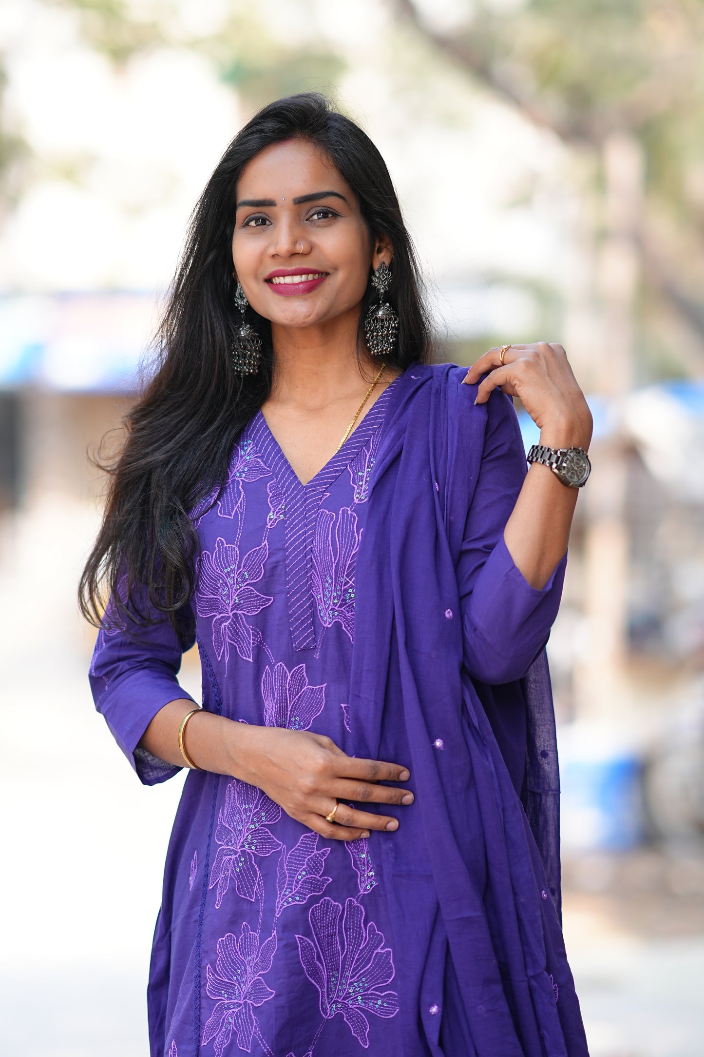 Royal Purple Jaipur Slub Cotton A Line 3 Piece Set With Lining