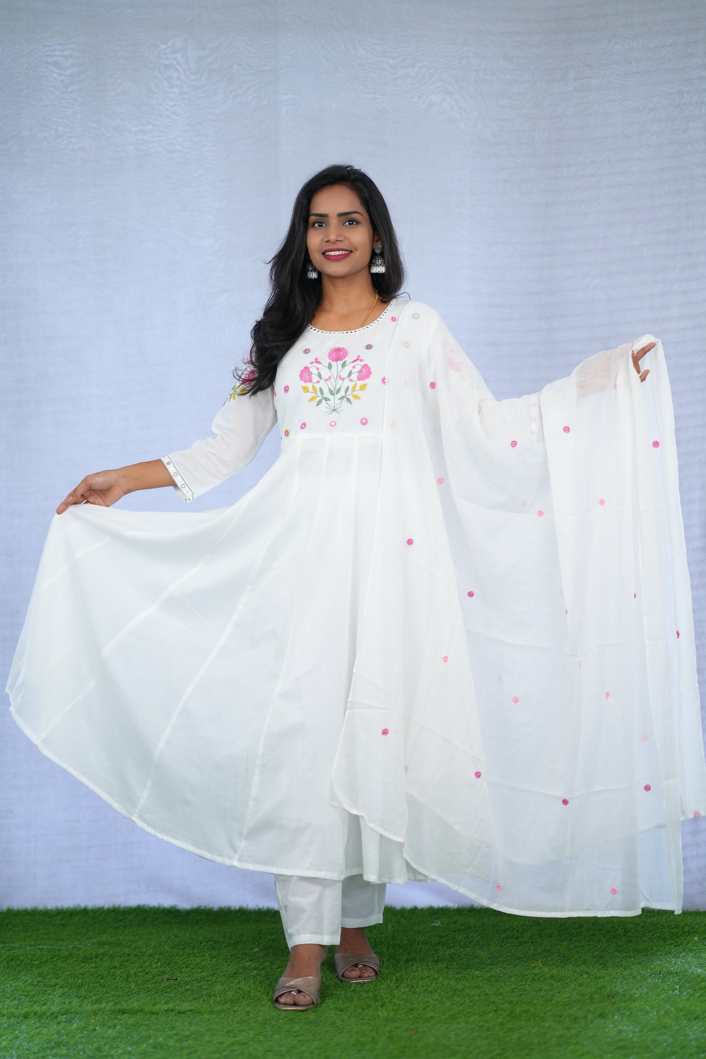 White Color Anarkali Mul Cotton 3 Piece set With Embroidery work and Complete Lining