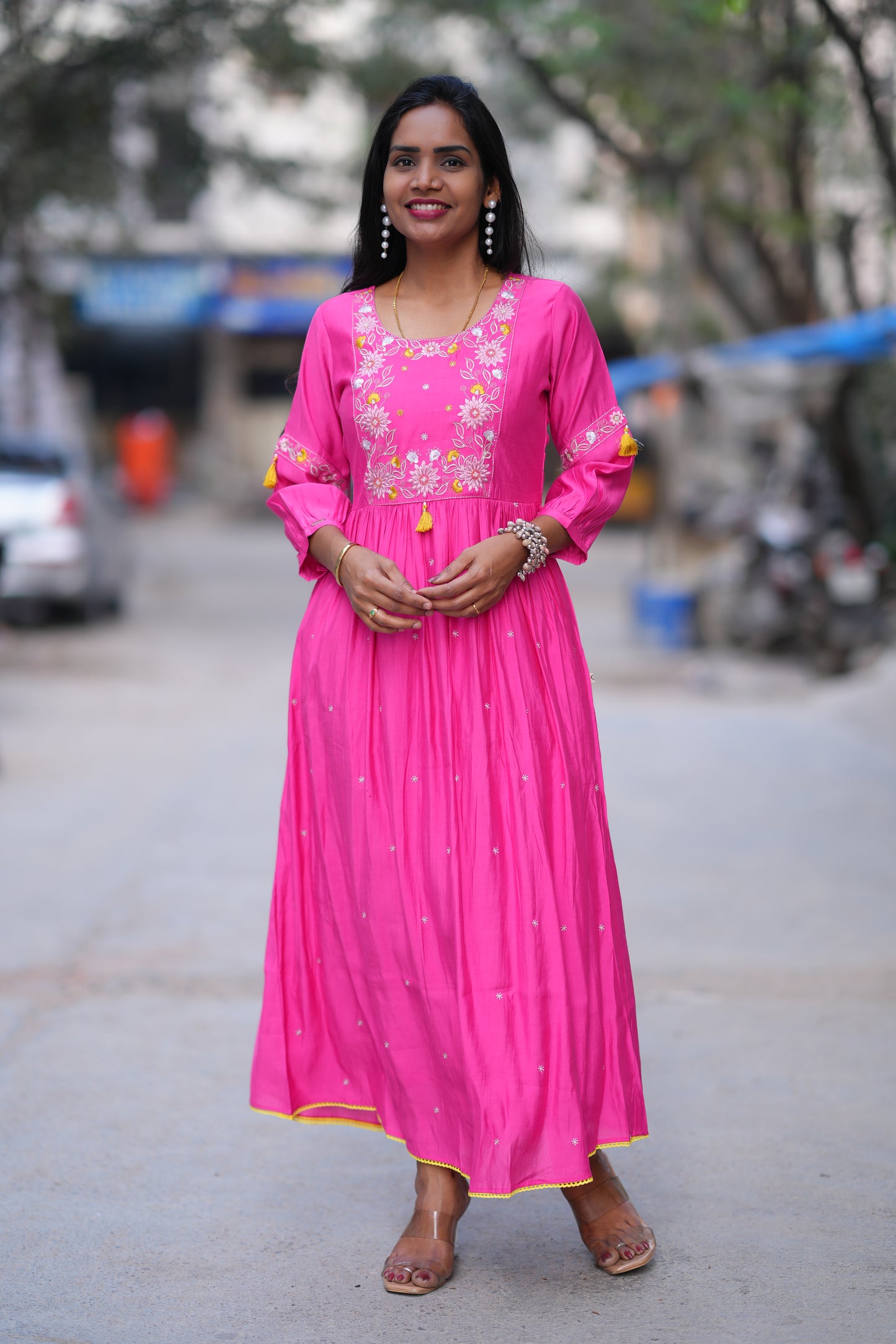 Pink Color Long Frock With Embriodary Work in Viscose Fabric