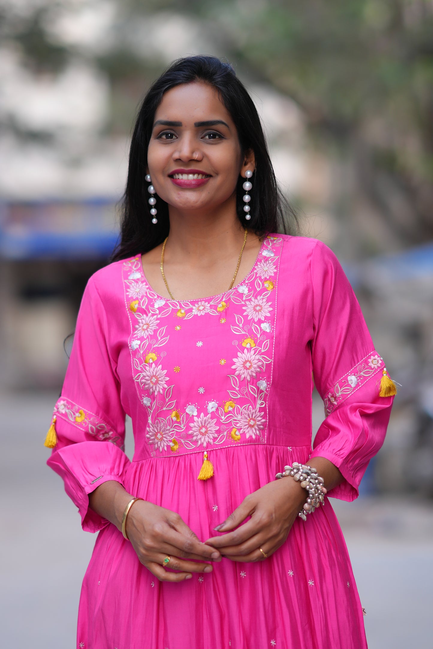 Pink Color Long Frock With Embriodary Work in Viscose Fabric