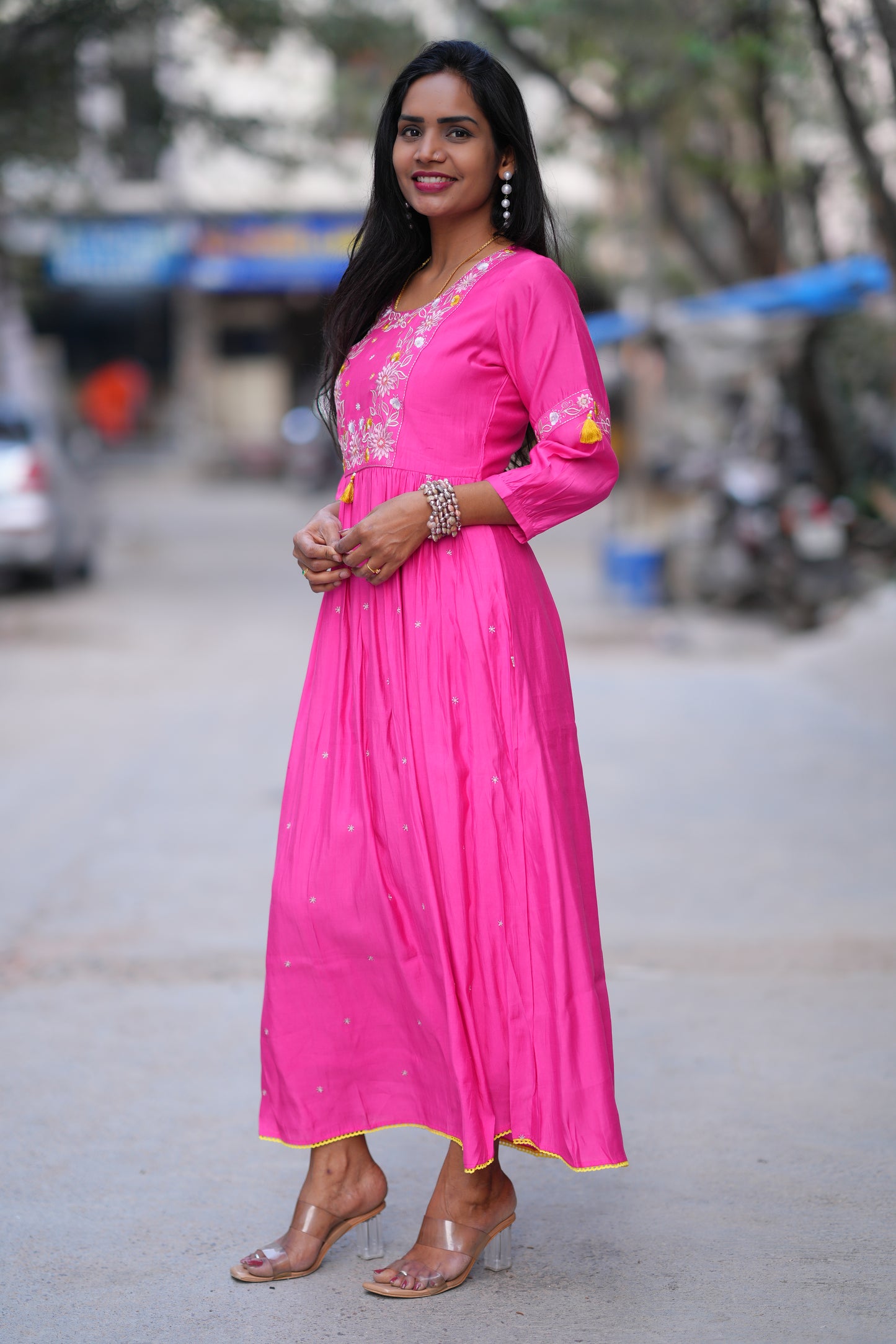 Pink Color Long Frock With Embriodary Work in Viscose Fabric