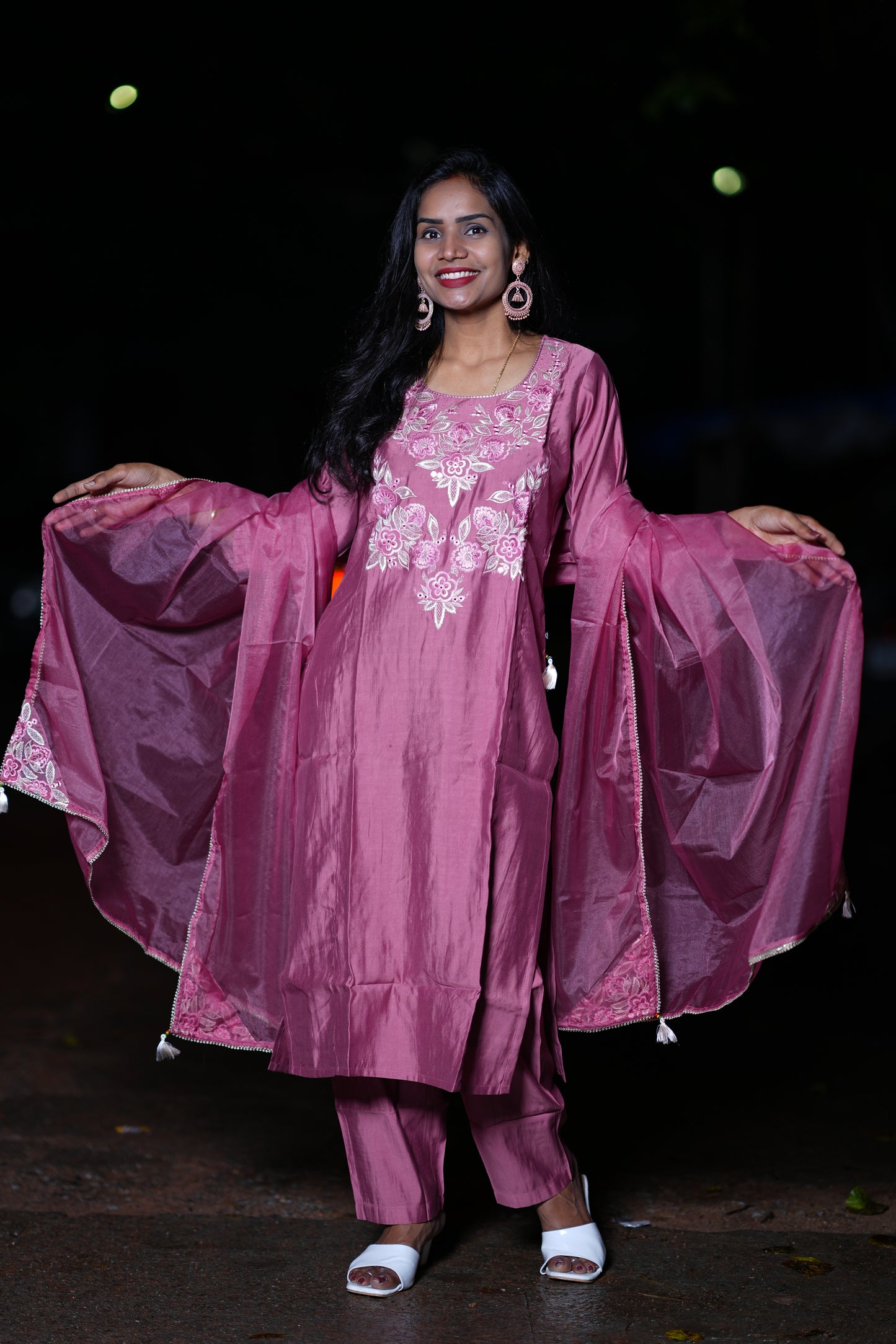 Mauve Pink Designer Wear Pure Mul Chandheri 3 Piece Set