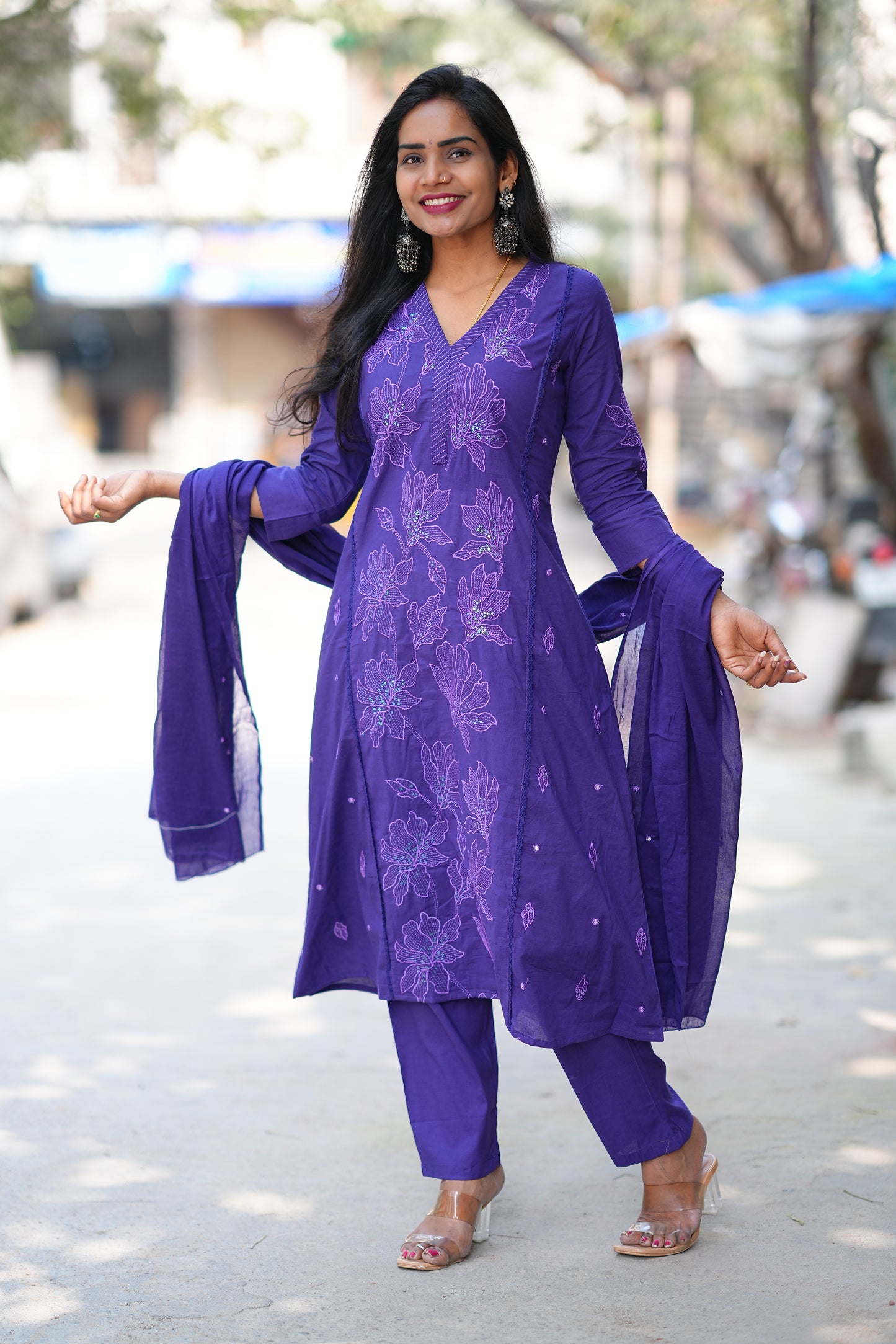 Royal Purple Jaipur Slub Cotton A Line 3 Piece Set With Lining