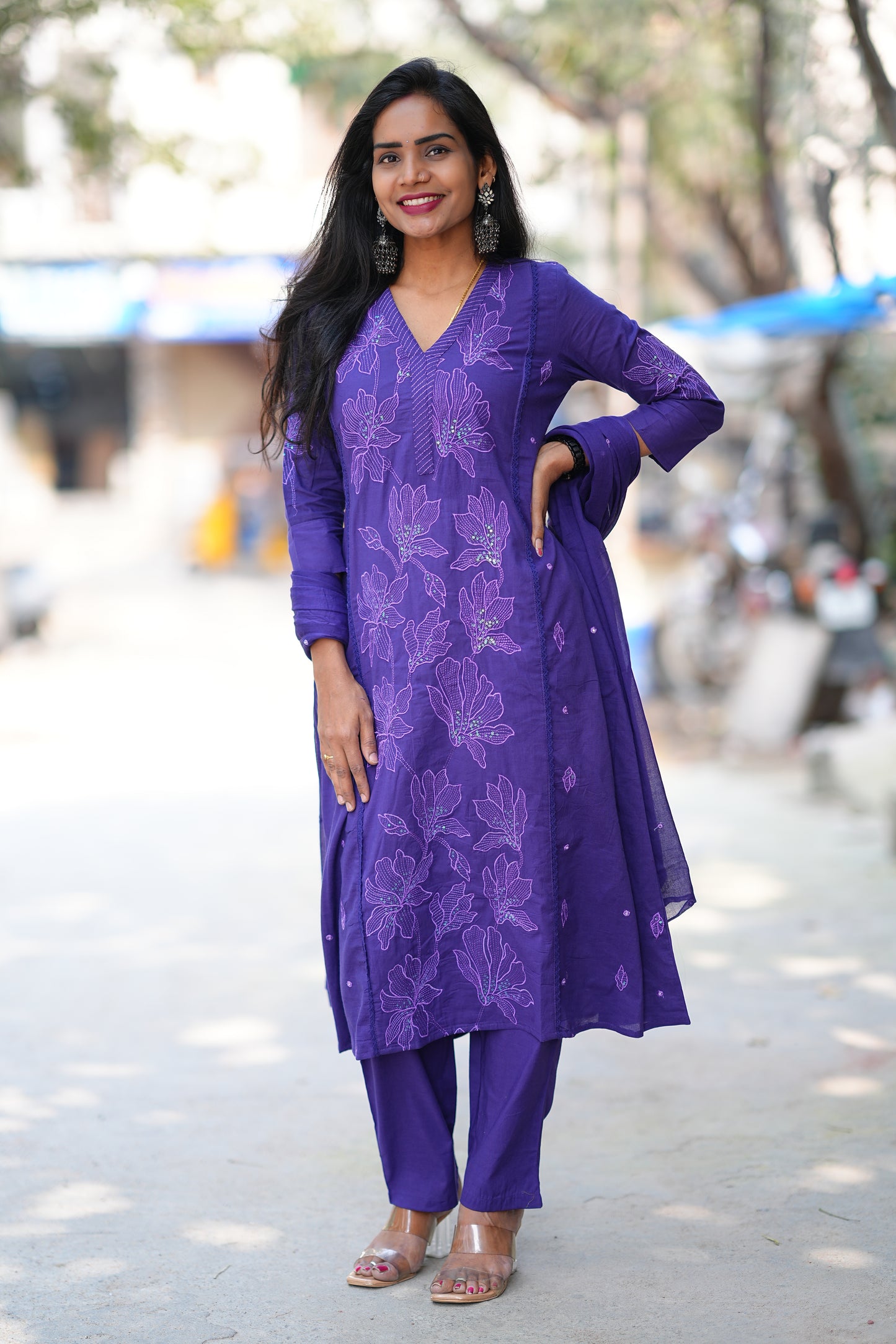 Purple Color Slub Cotton A Line 3 Piece Set With Complete Lining