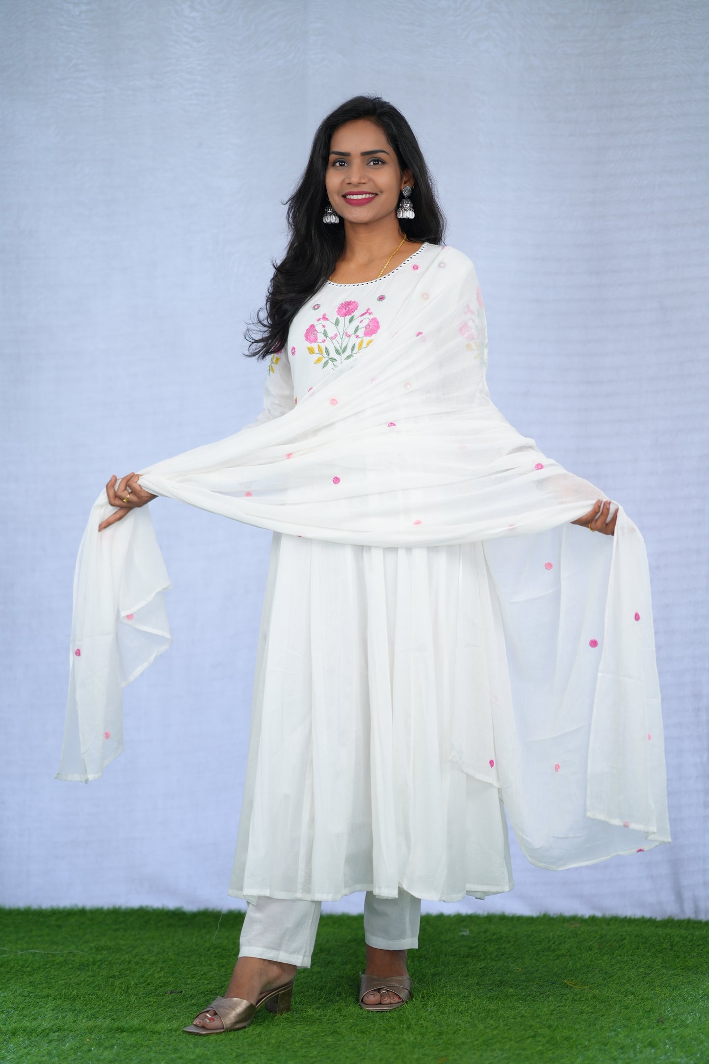 White Color Anarkali Mul Cotton 3 Piece set With Embroidery work and Complete Lining
