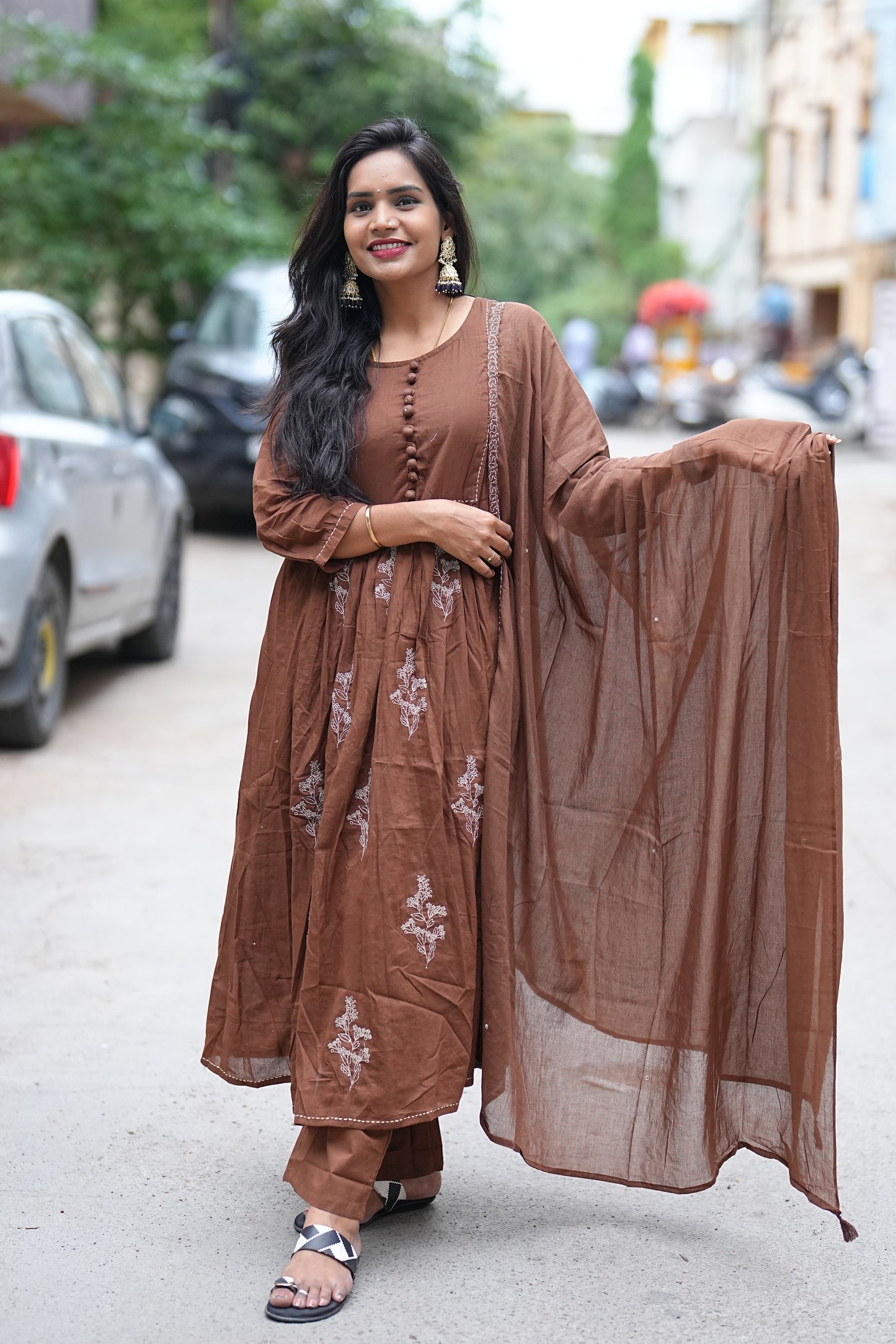 Pure Mul Mul Cotton Anarkali 3 Piece Set With Complete Lining