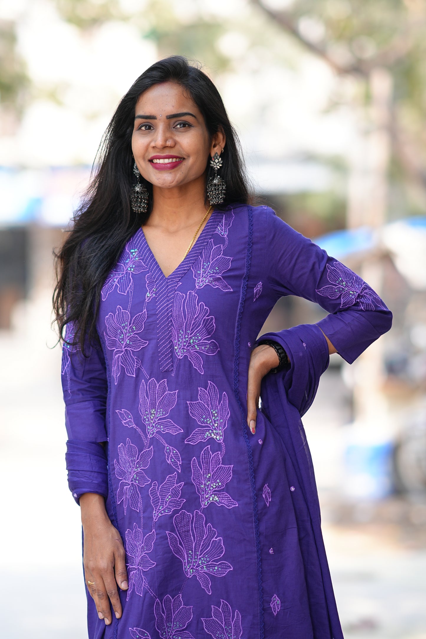 Royal Purple Jaipur Slub Cotton A Line 3 Piece Set With Lining