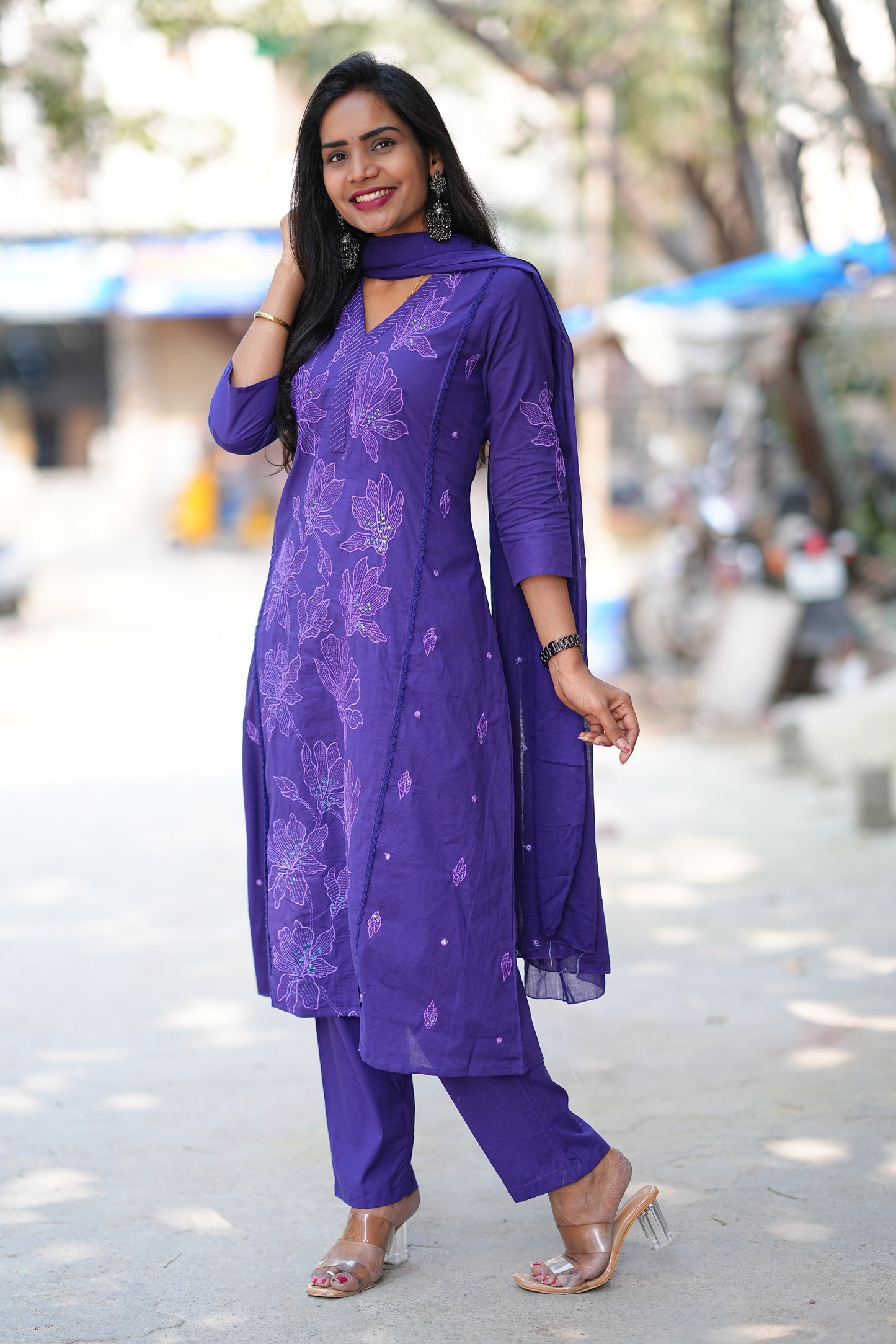 Royal Purple Jaipur Slub Cotton A Line 3 Piece Set With Lining