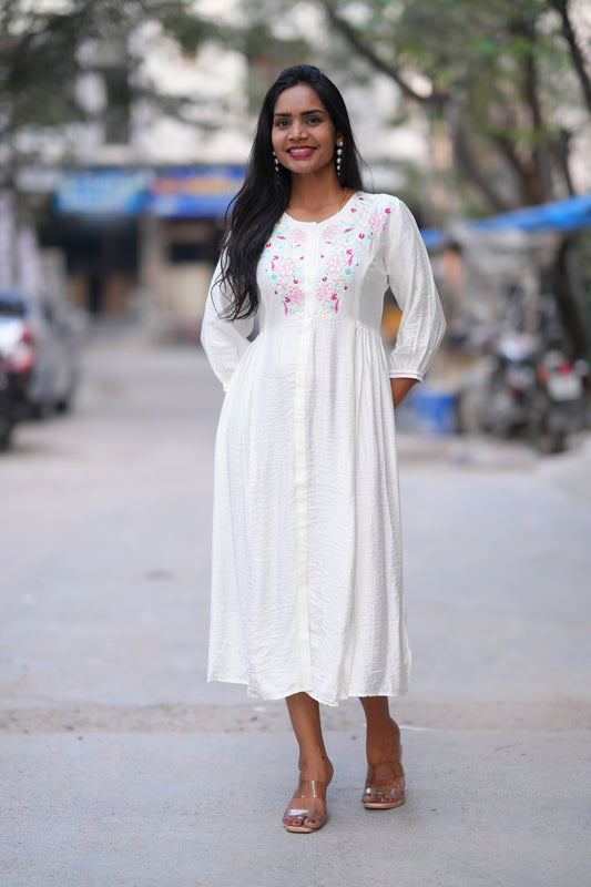 White Color Viscose Frock With Embroidery Work