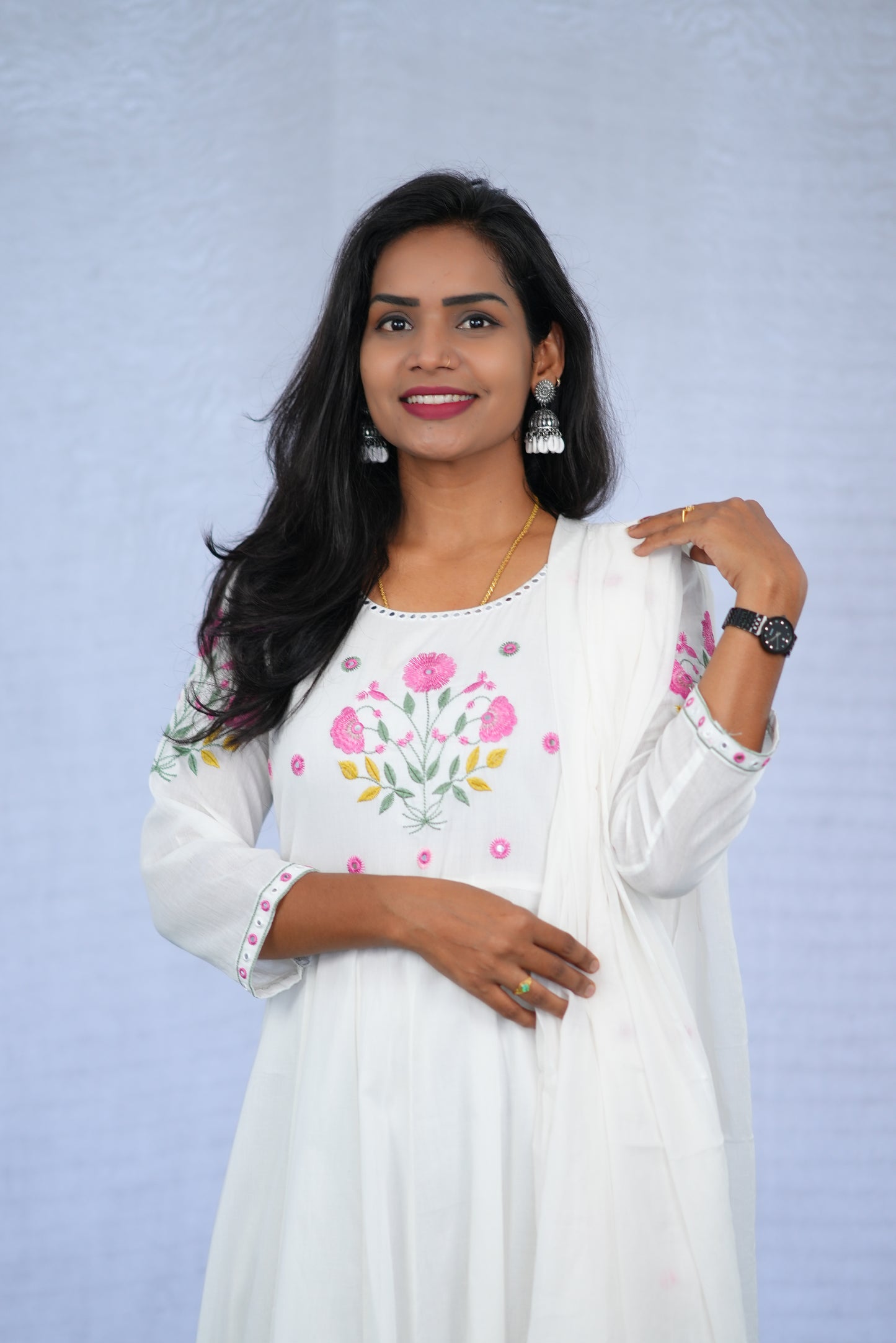 White Color Anarkali Mul Cotton 3 Piece set With Embroidery work and Complete Lining