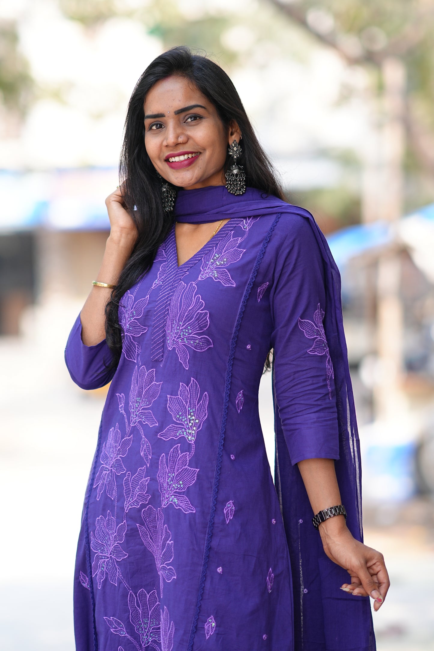 Royal Purple Jaipur Slub Cotton A Line 3 Piece Set With Lining