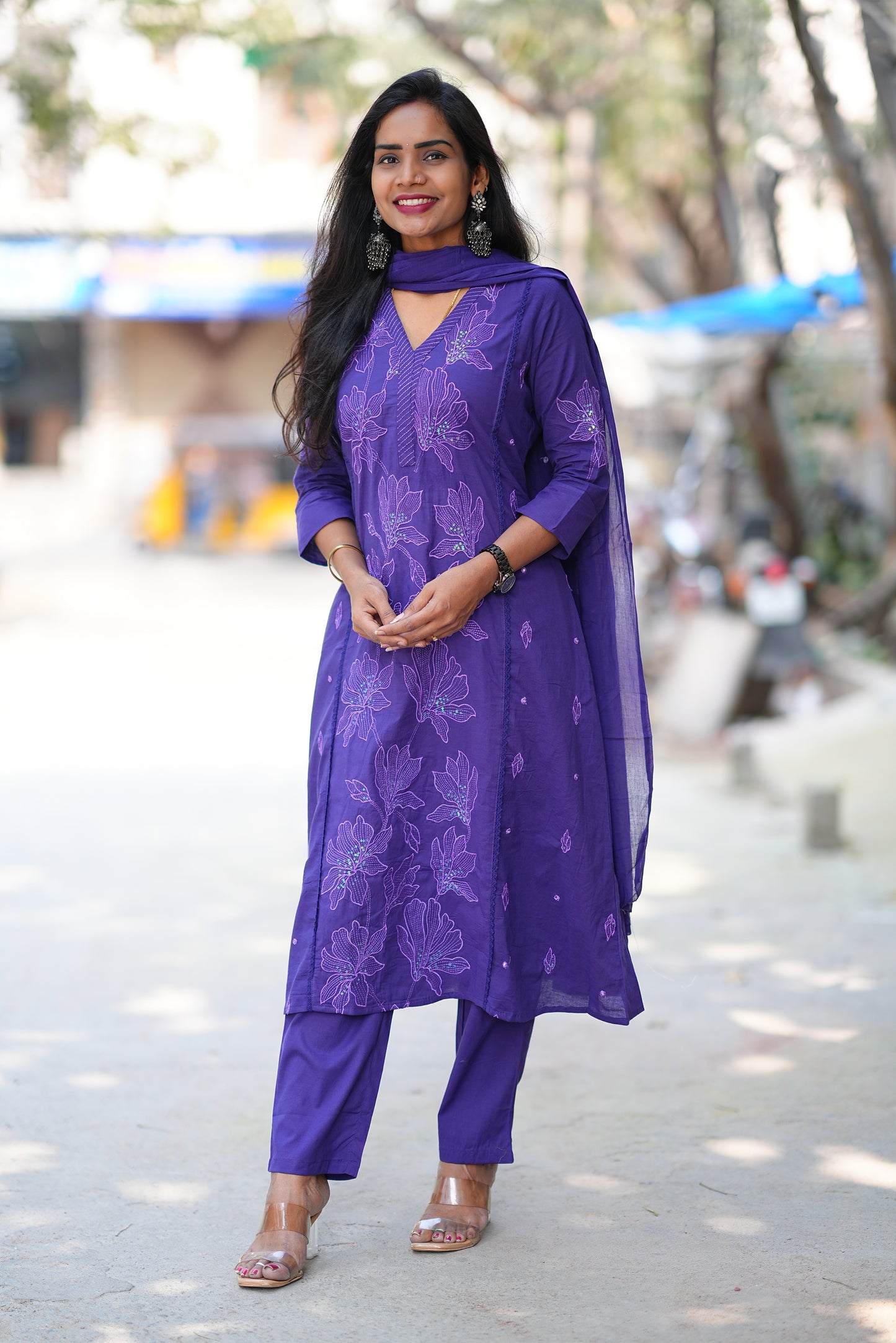 Purple Color Slub Cotton A Line 3 Piece Set With Complete Lining
