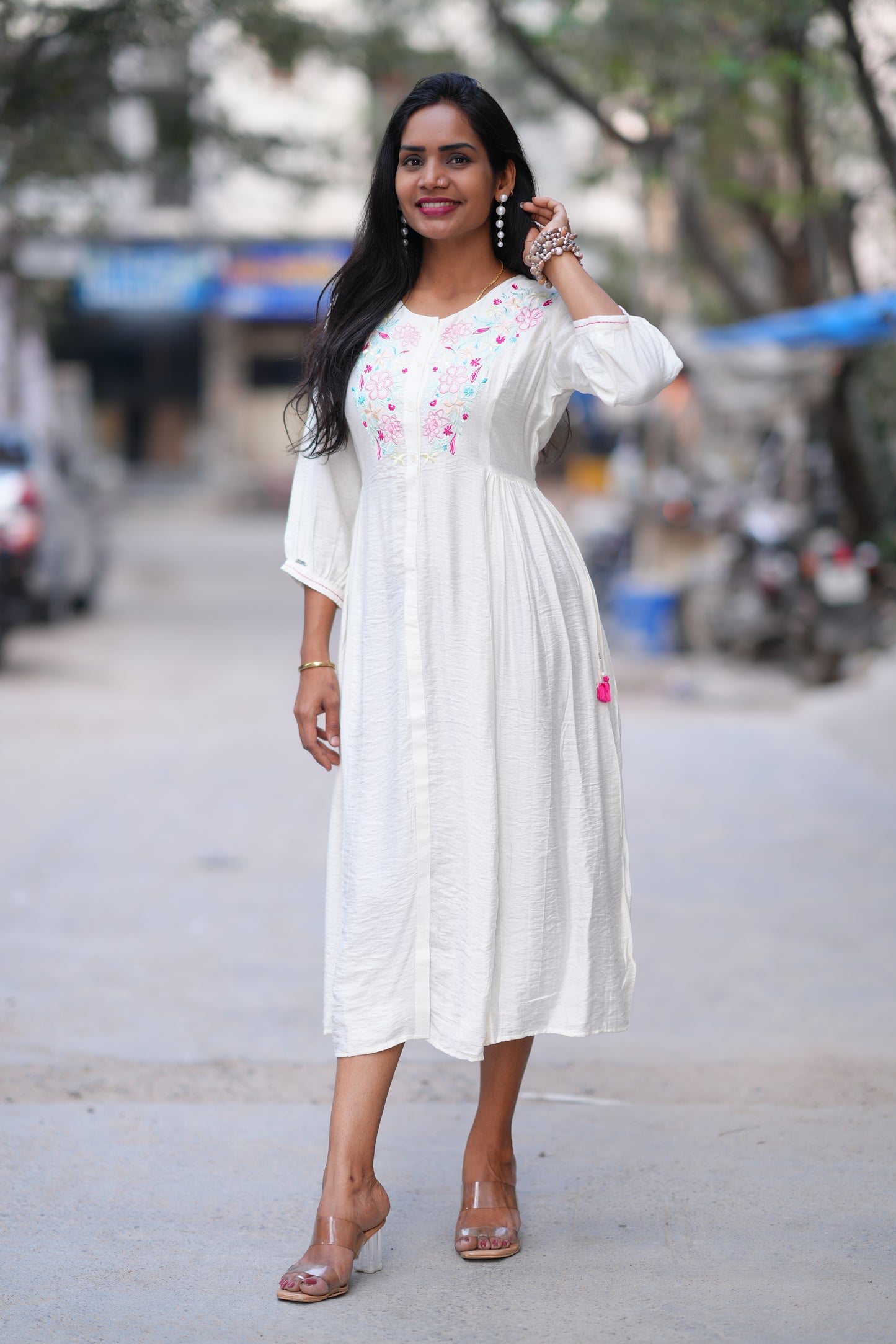 White Color Viscose Frock With Embroidery Work