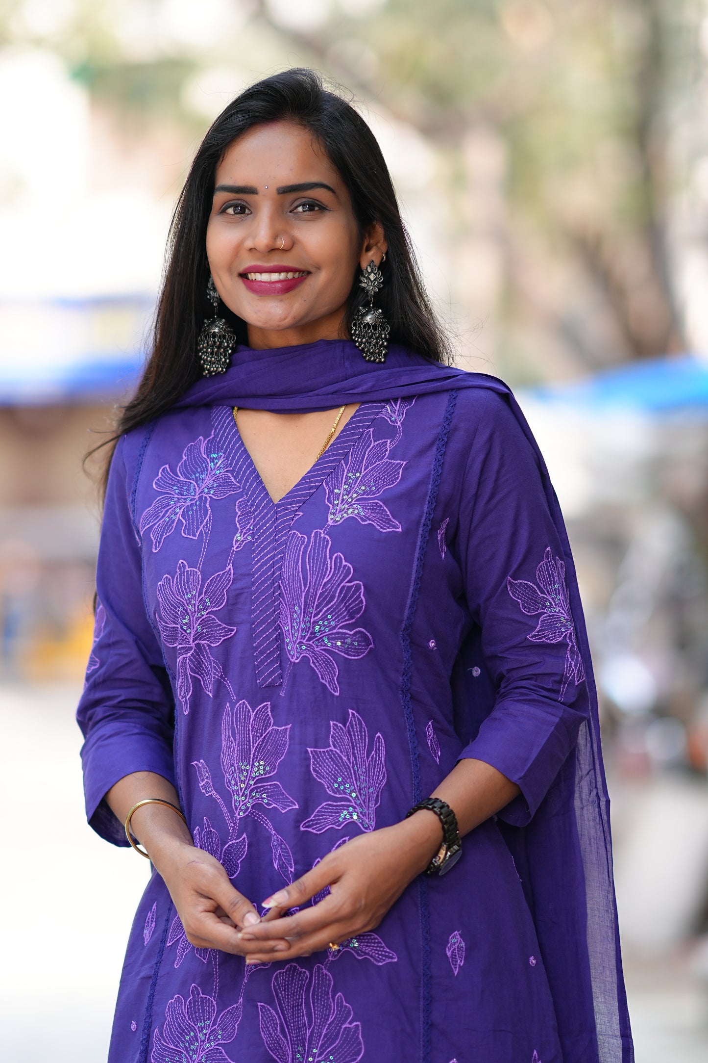 Purple Color Slub Cotton A Line 3 Piece Set With Complete Lining