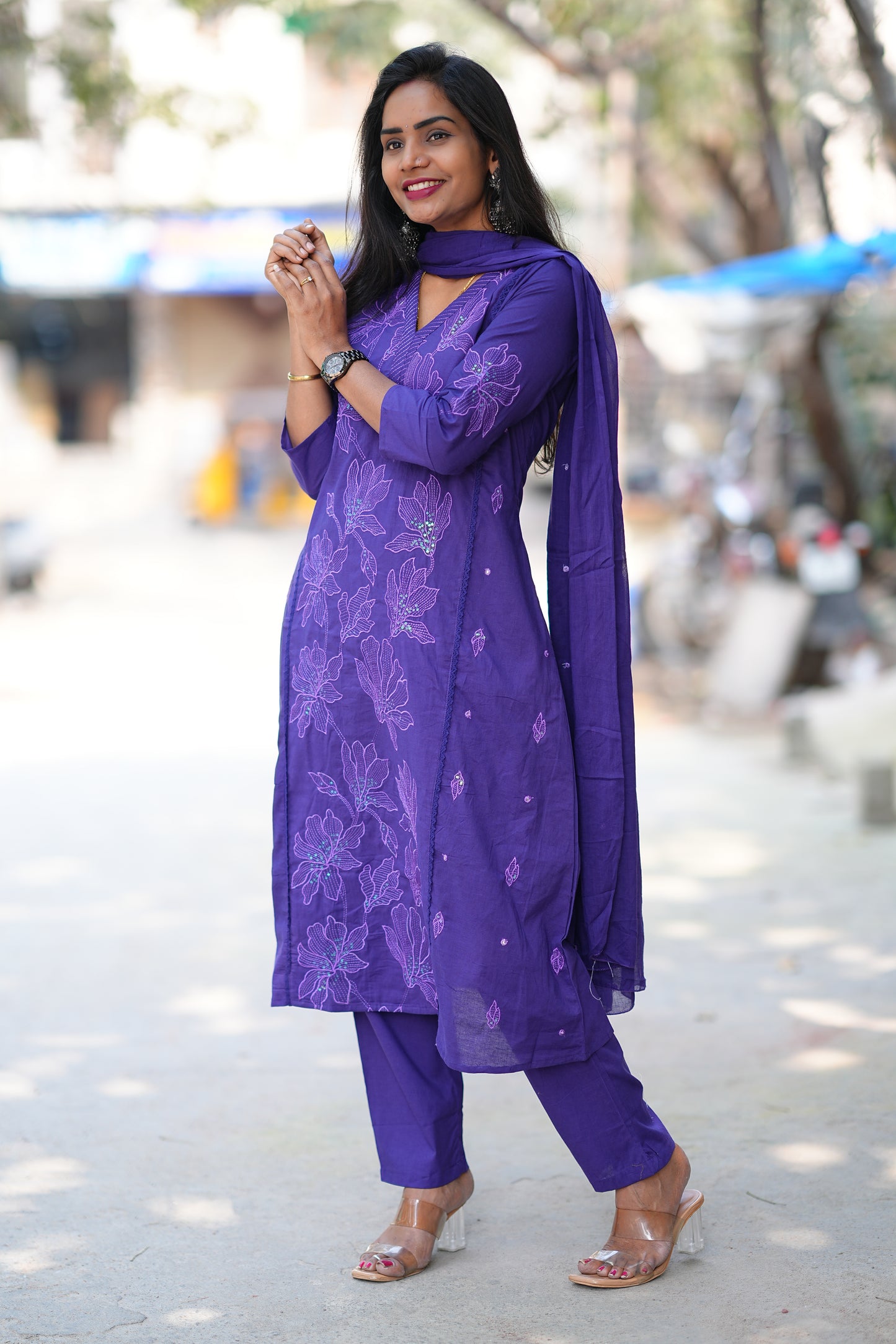 Royal Purple Jaipur Slub Cotton A Line 3 Piece Set With Lining