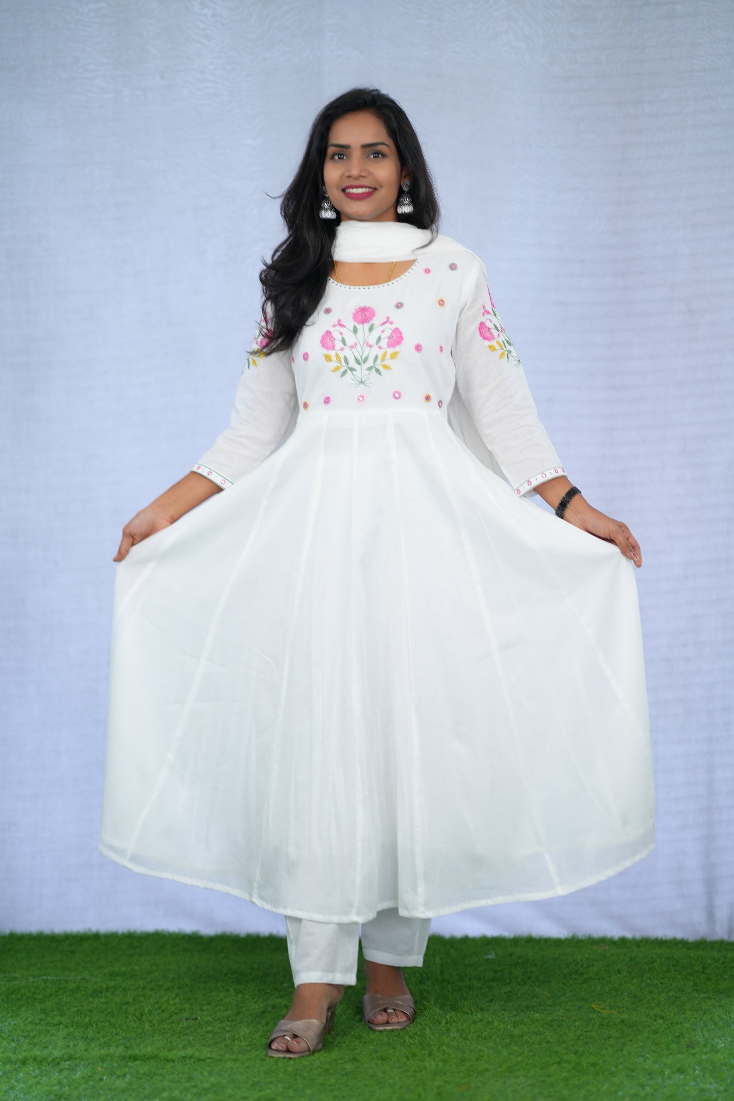 White Color Anarkali Mul Cotton 3 Piece set With Embroidery work and Complete Lining