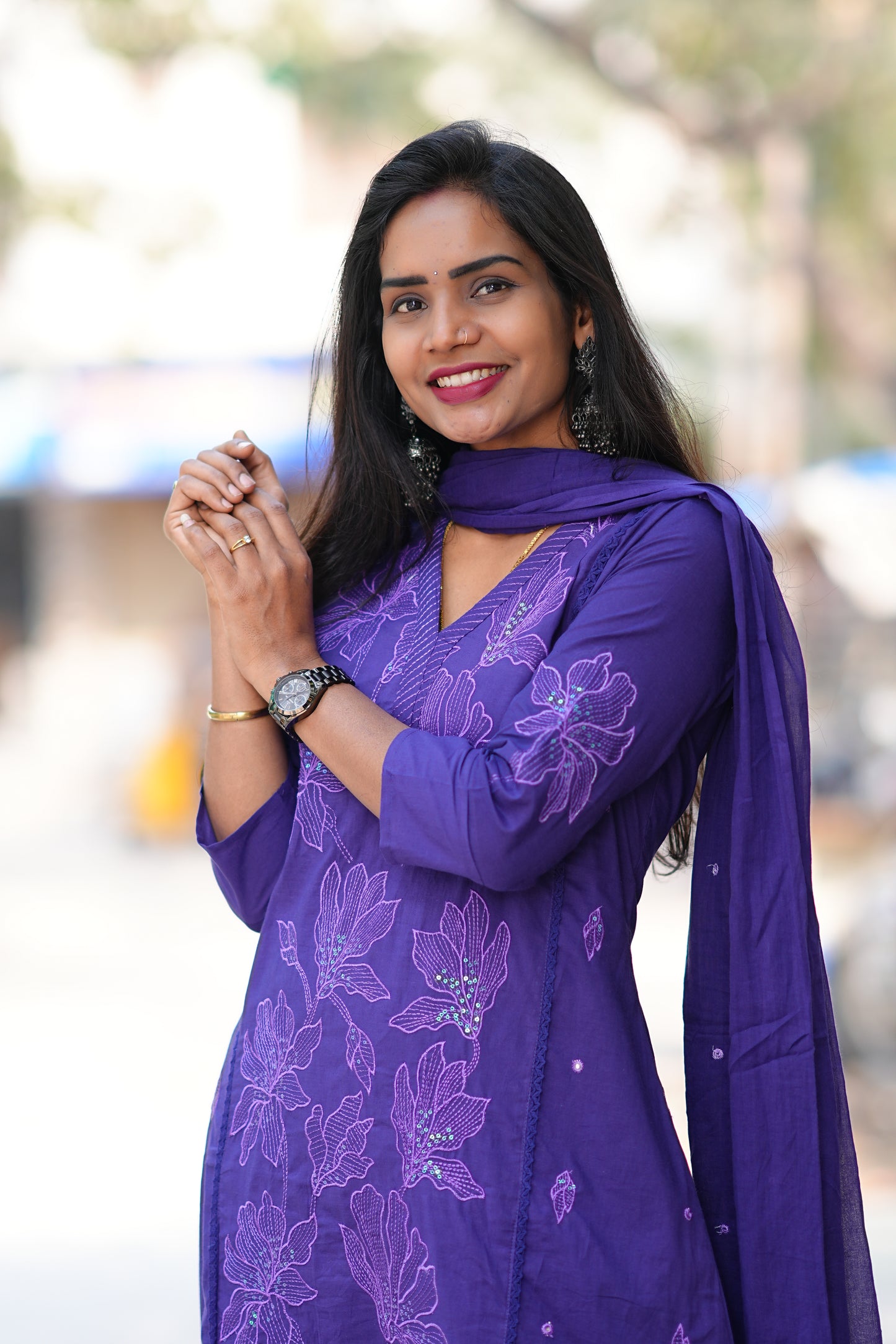 Royal Purple Jaipur Slub Cotton A Line 3 Piece Set With Lining
