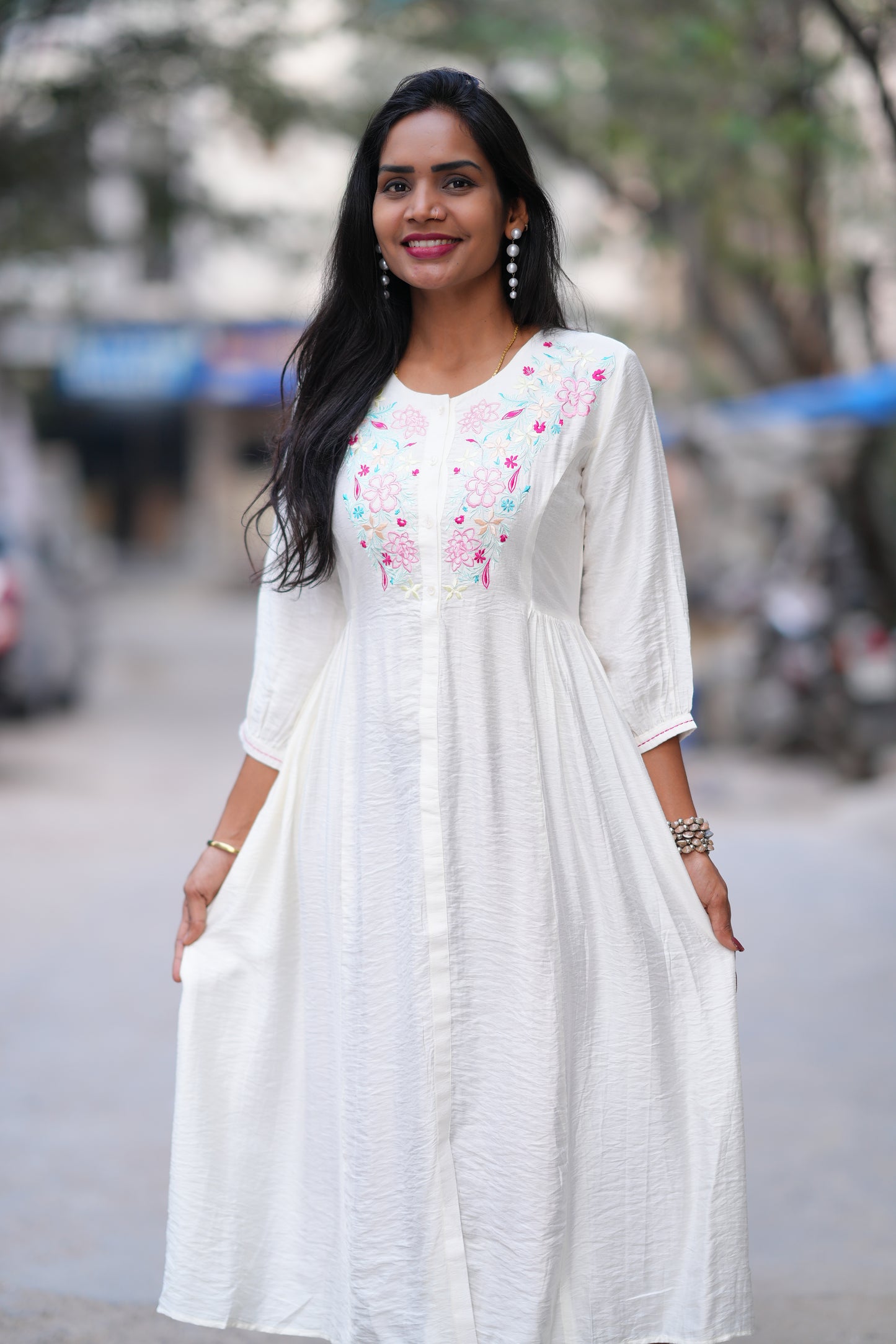 White Color Viscose Frock With Embroidery Work