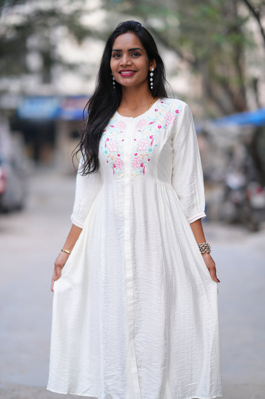White Color Viscose Frock With Embroidery Work