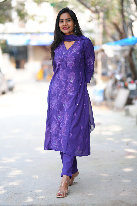 Royal Purple Jaipur Slub Cotton A Line 3 Piece Set With Lining