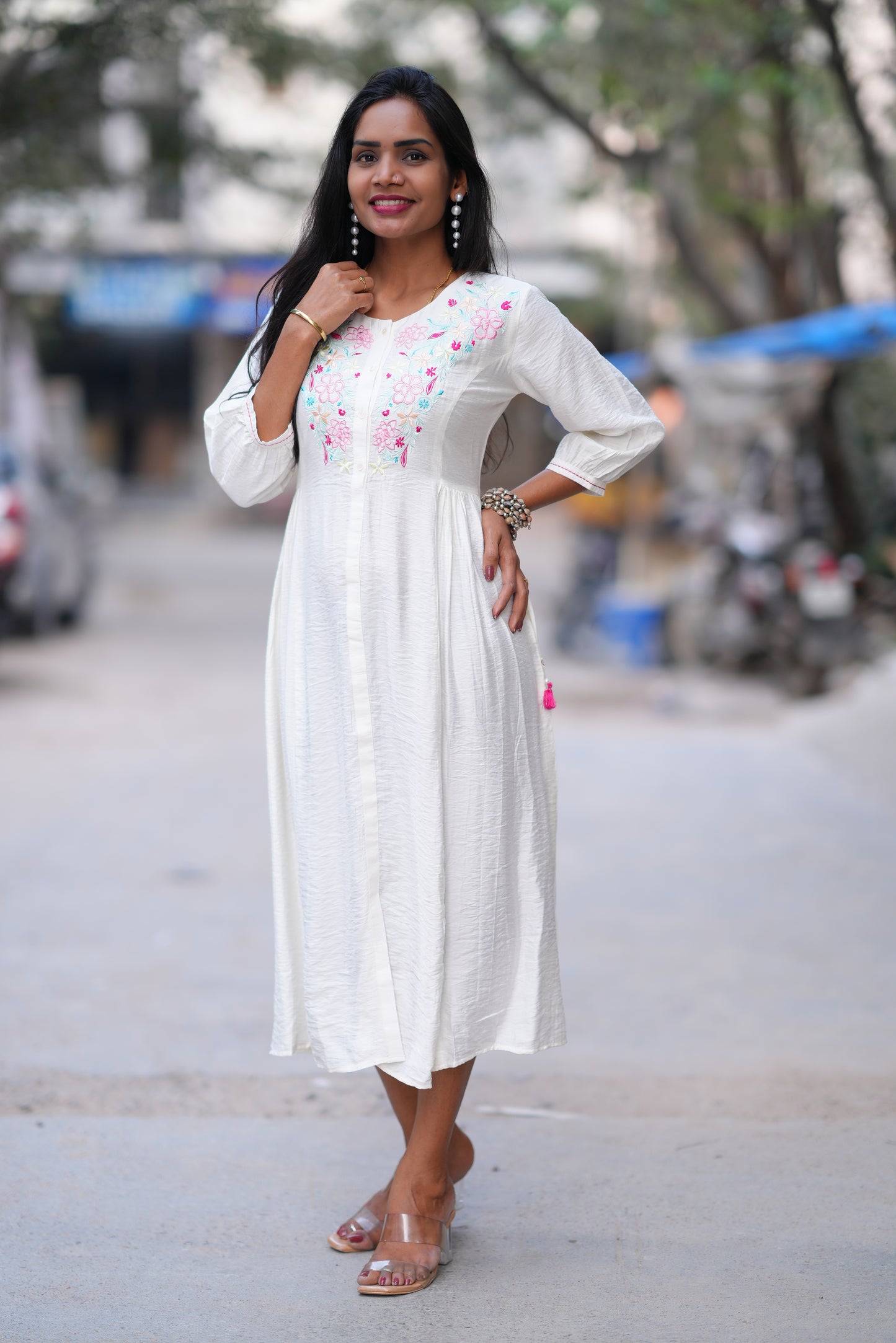 White Color Viscose Frock With Embroidery Work