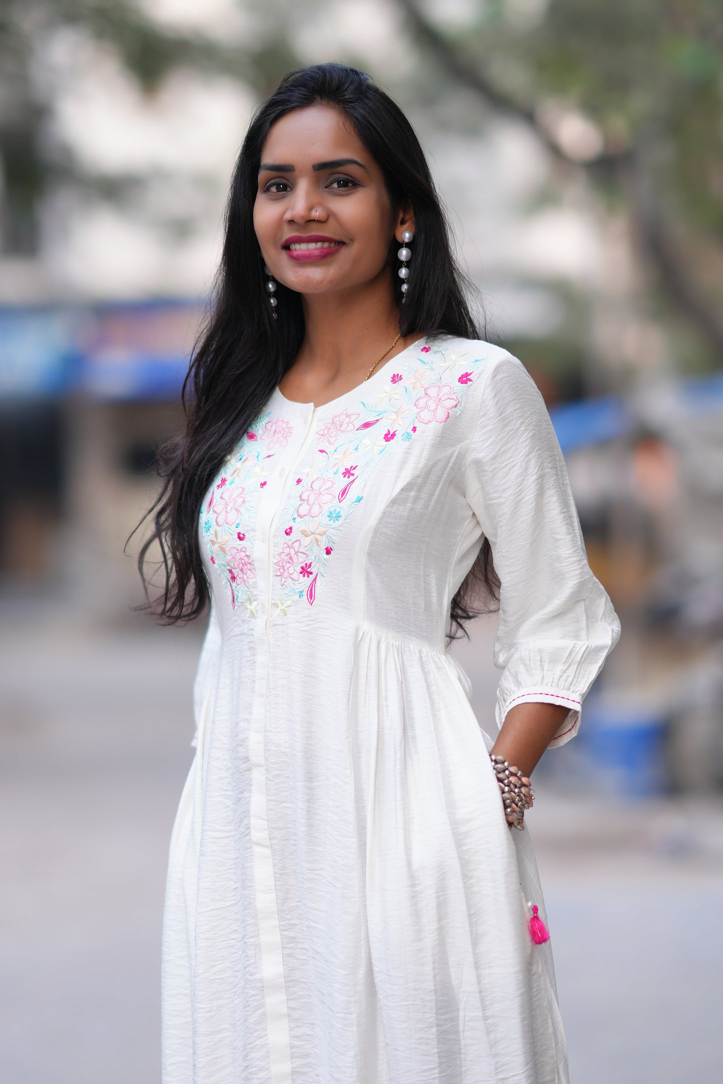 White Color Viscose Frock With Embroidery Work