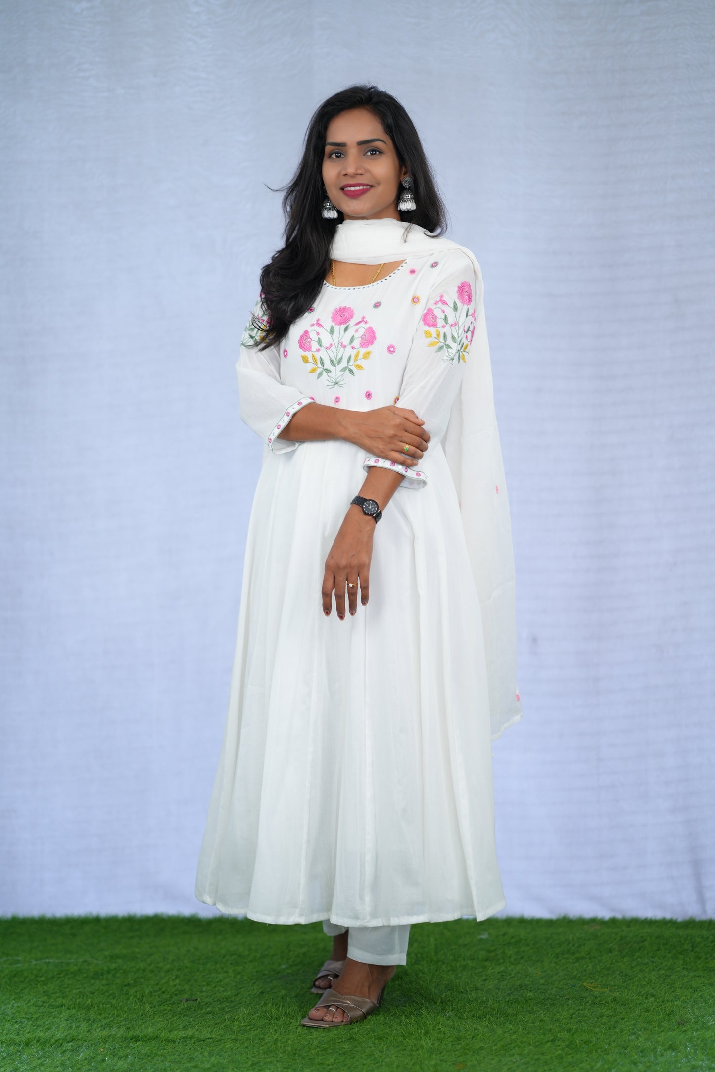 White Color Anarkali Mul Cotton 3 Piece set With Embroidery work and Complete Lining