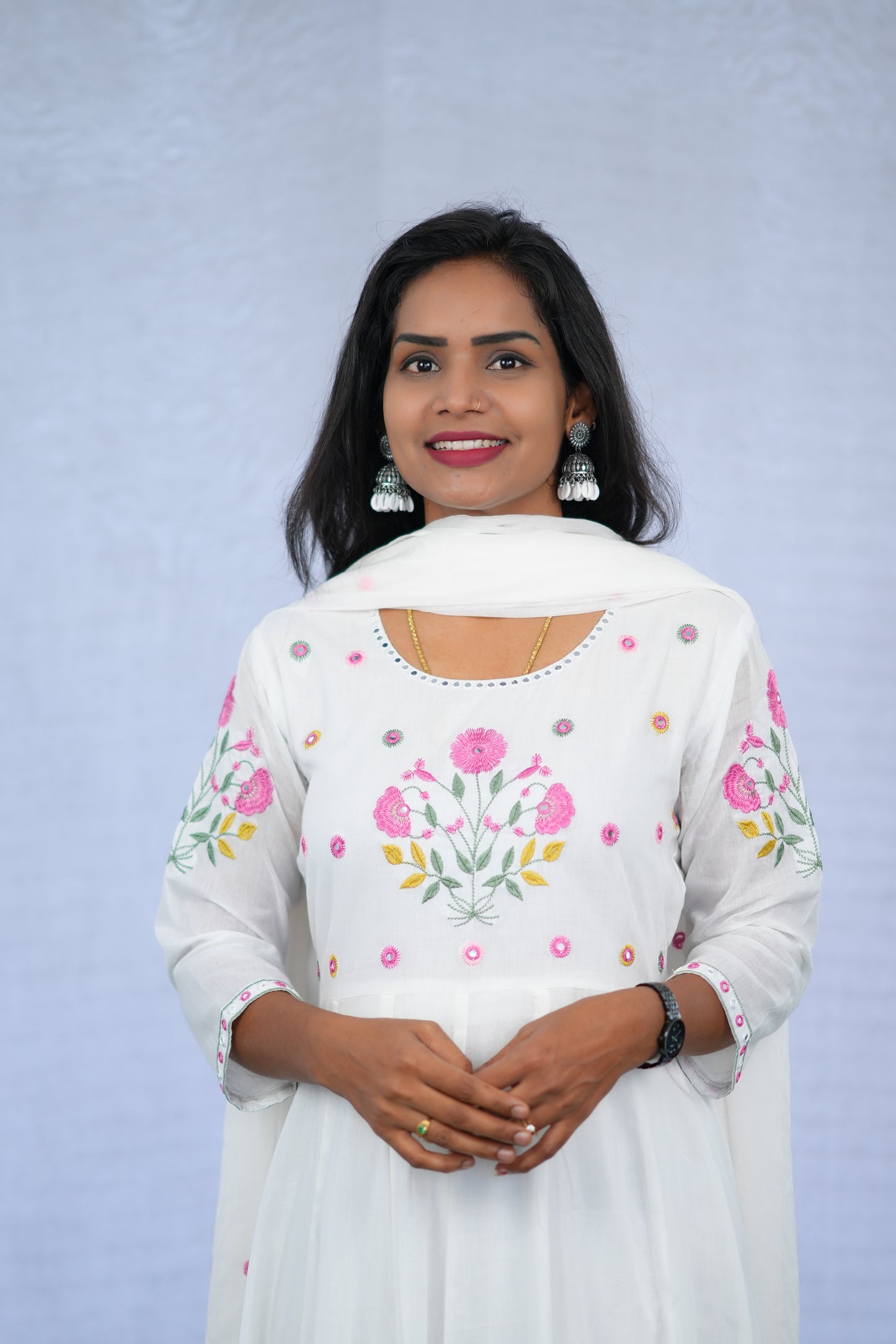 White Color Anarkali Mul Cotton 3 Piece set With Embroidery work and Complete Lining