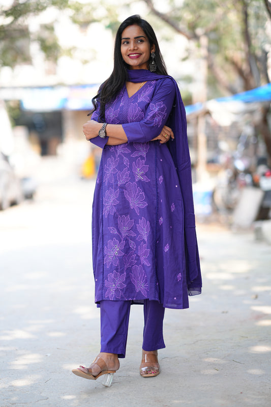 Purple Color Slub Cotton A Line 3 Piece Set With Complete Lining