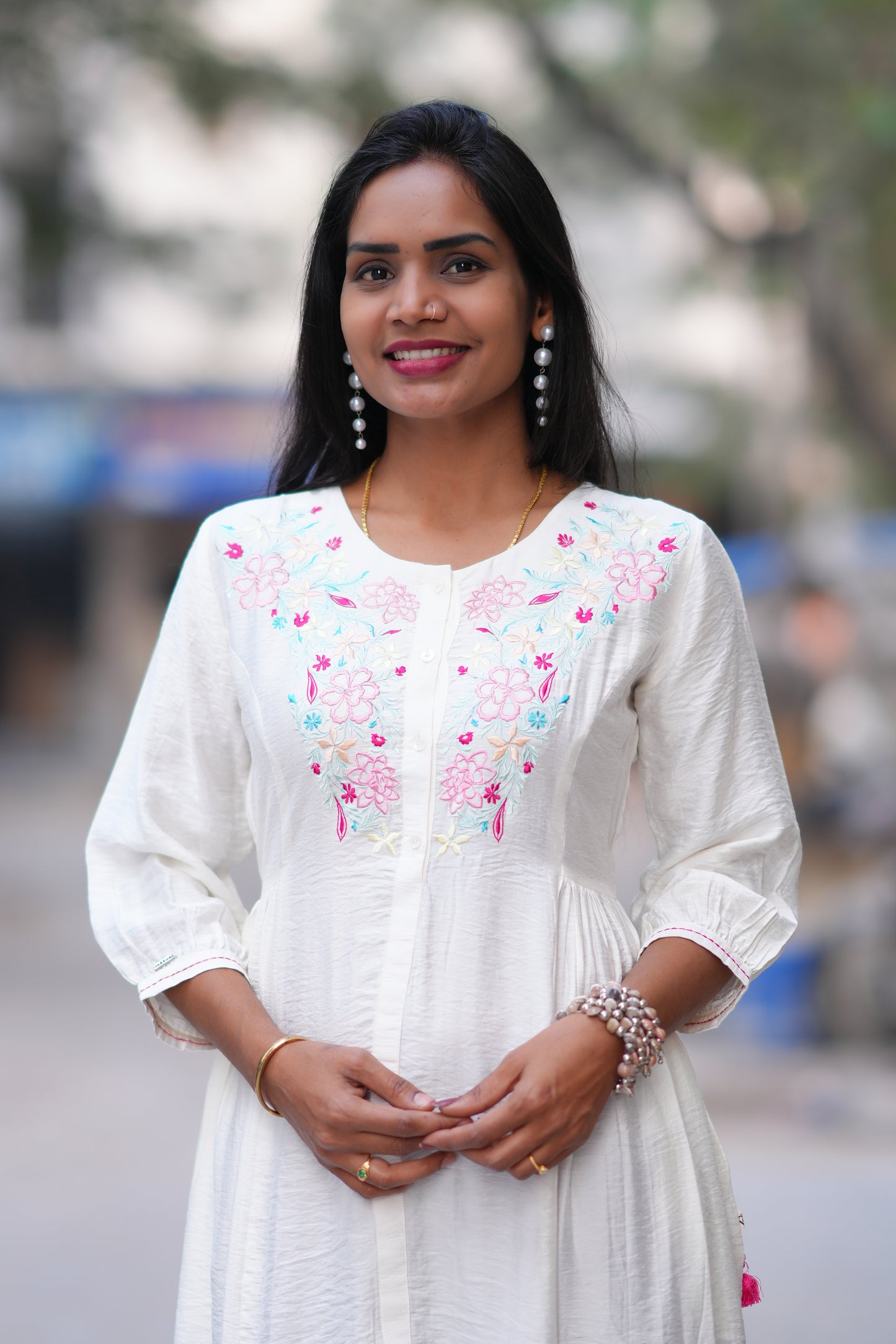 White Color Viscose Frock With Embroidery Work
