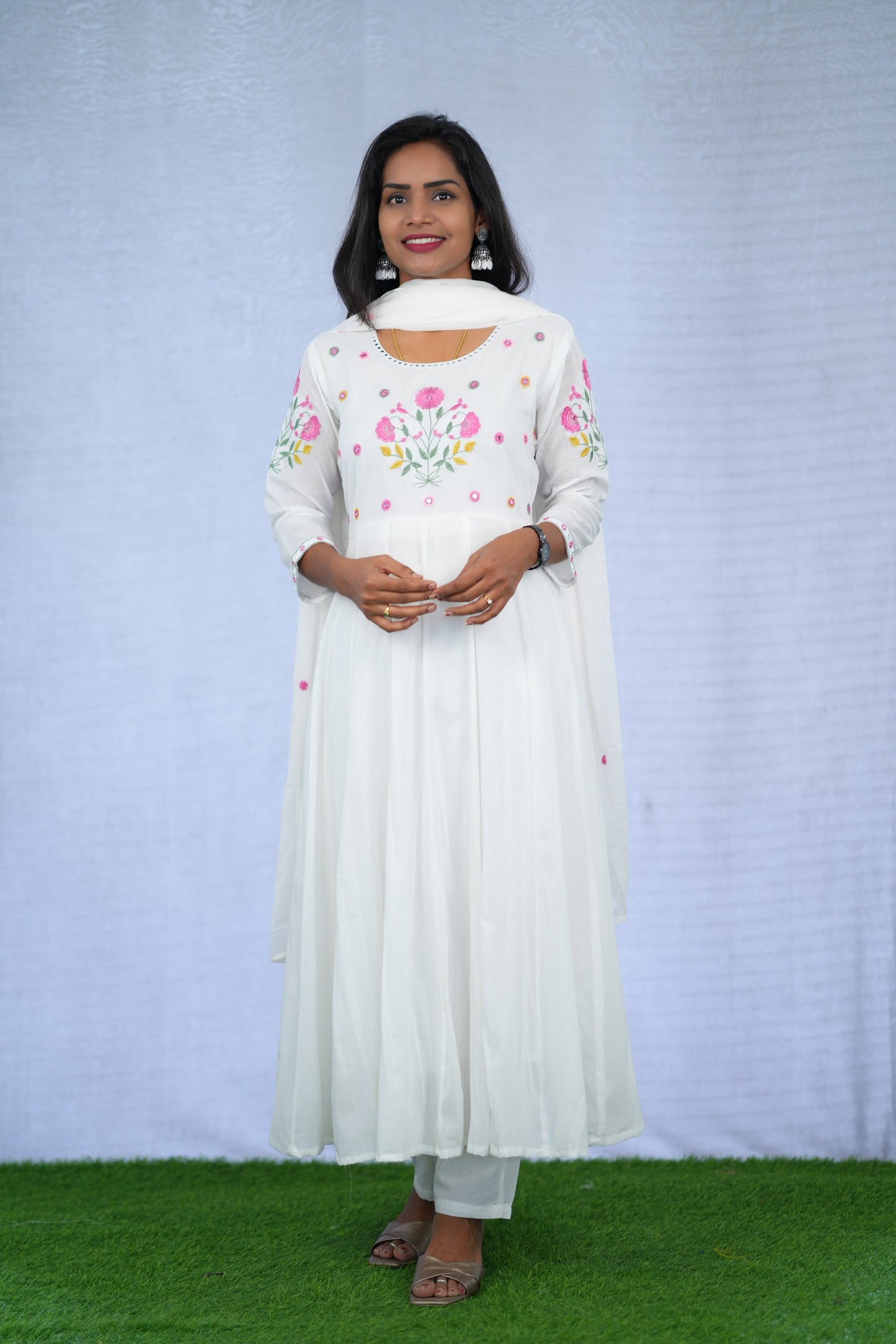 White Color Anarkali Mul Cotton 3 Piece set With Embroidery work and Complete Lining