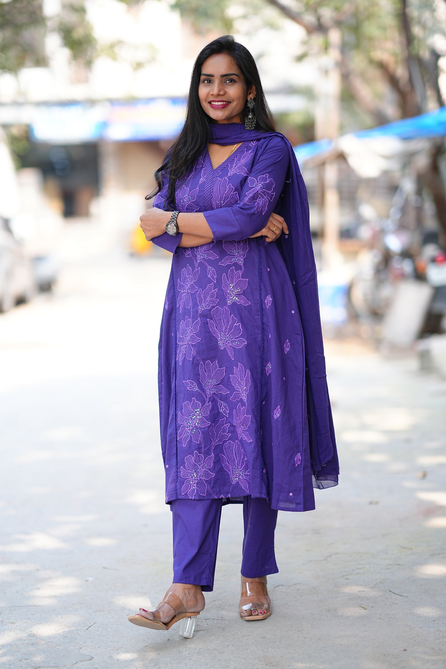 Royal Purple Jaipur Slub Cotton A Line 3 Piece Set With Lining