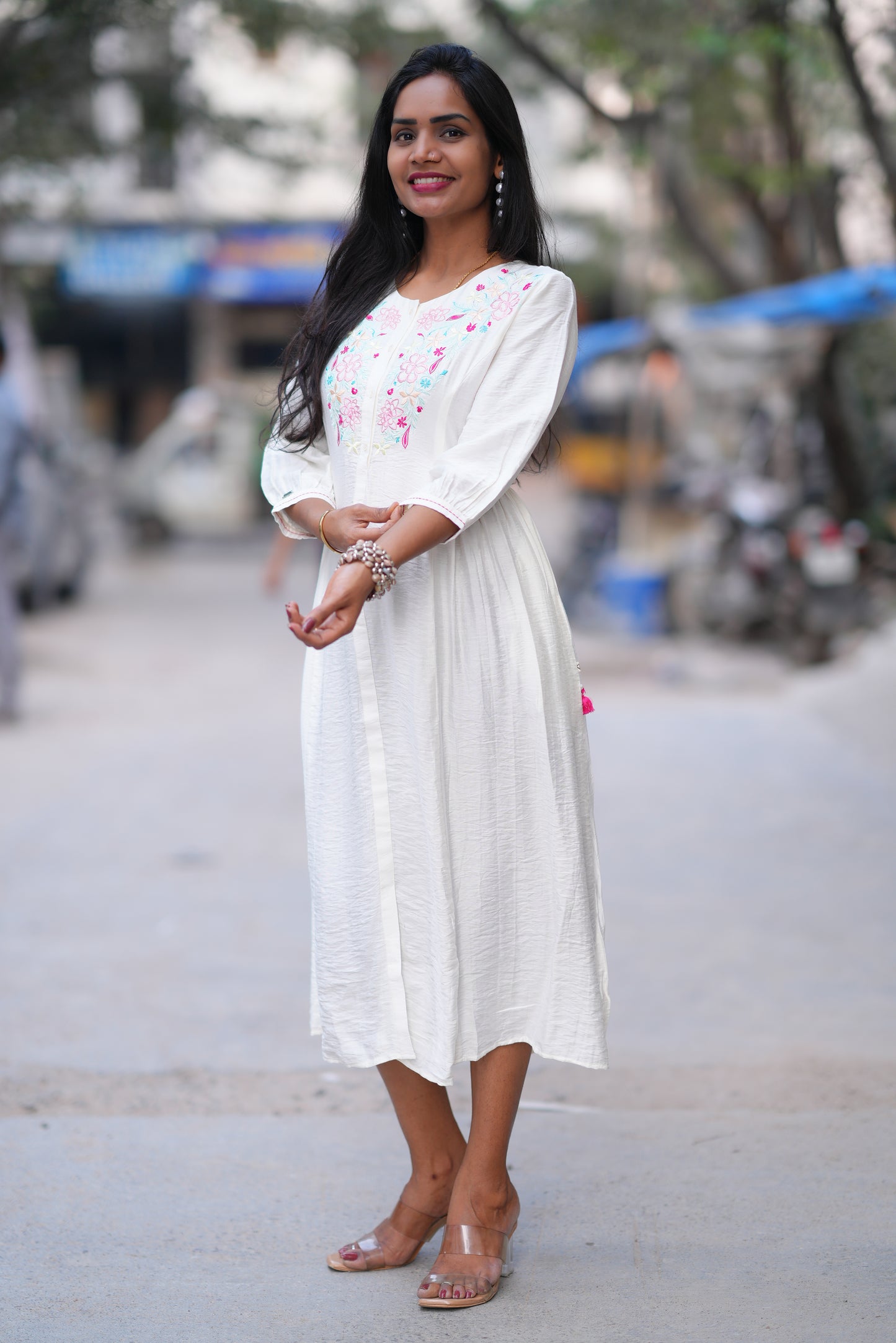 White Color Viscose Frock With Embroidery Work