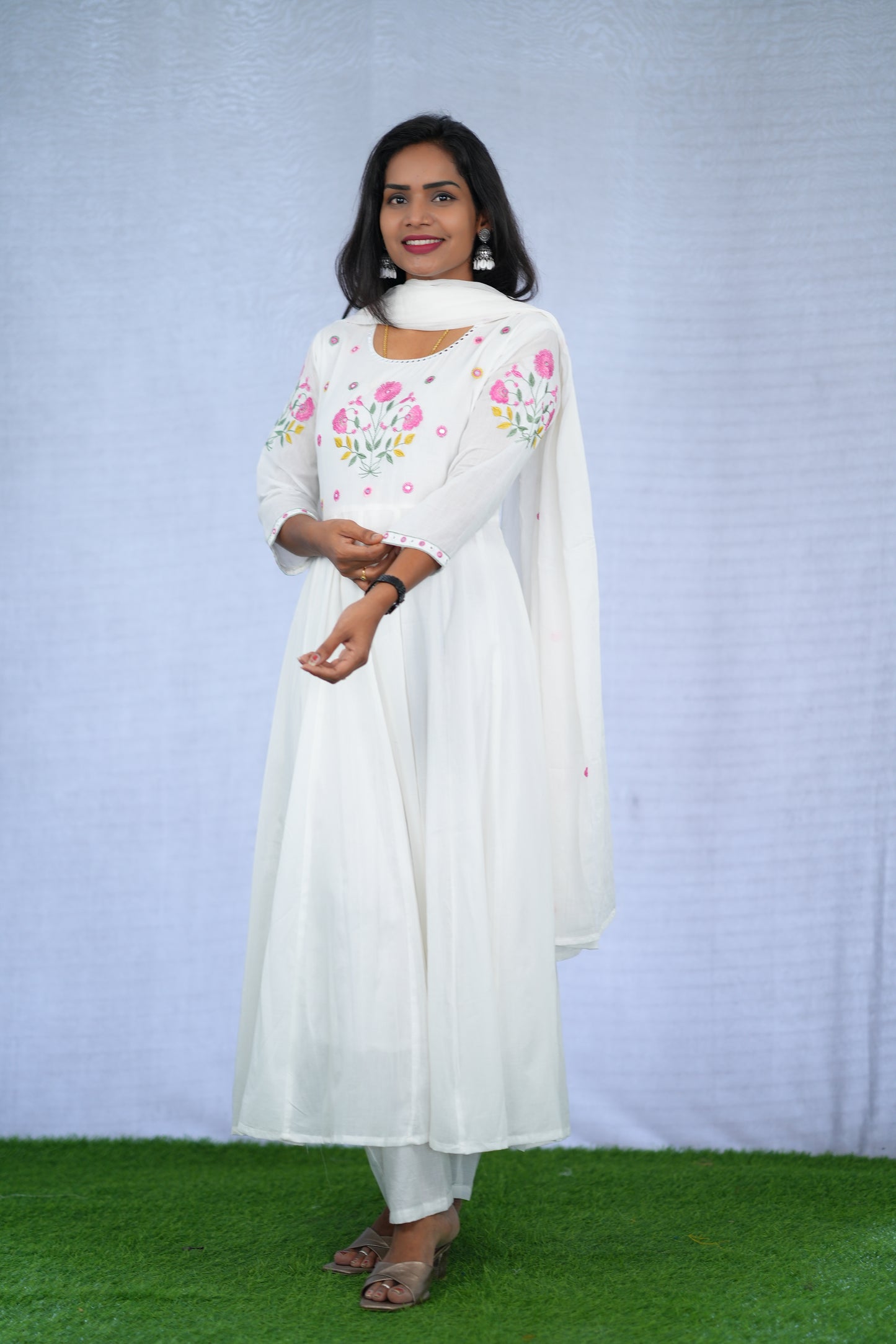 White Color Anarkali Mul Cotton 3 Piece set With Embroidery work and Complete Lining