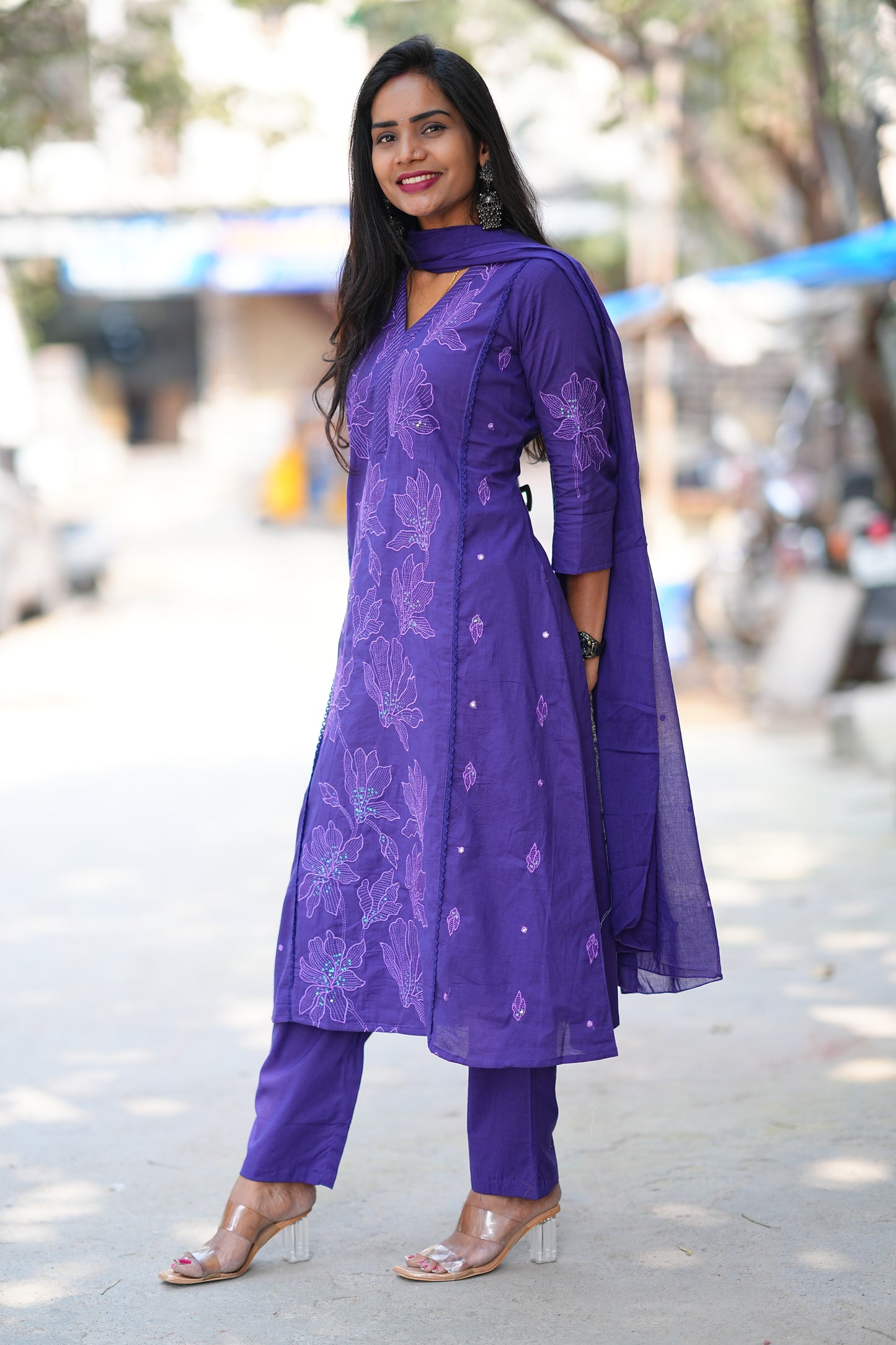 Royal Purple Jaipur Slub Cotton A Line 3 Piece Set With Lining