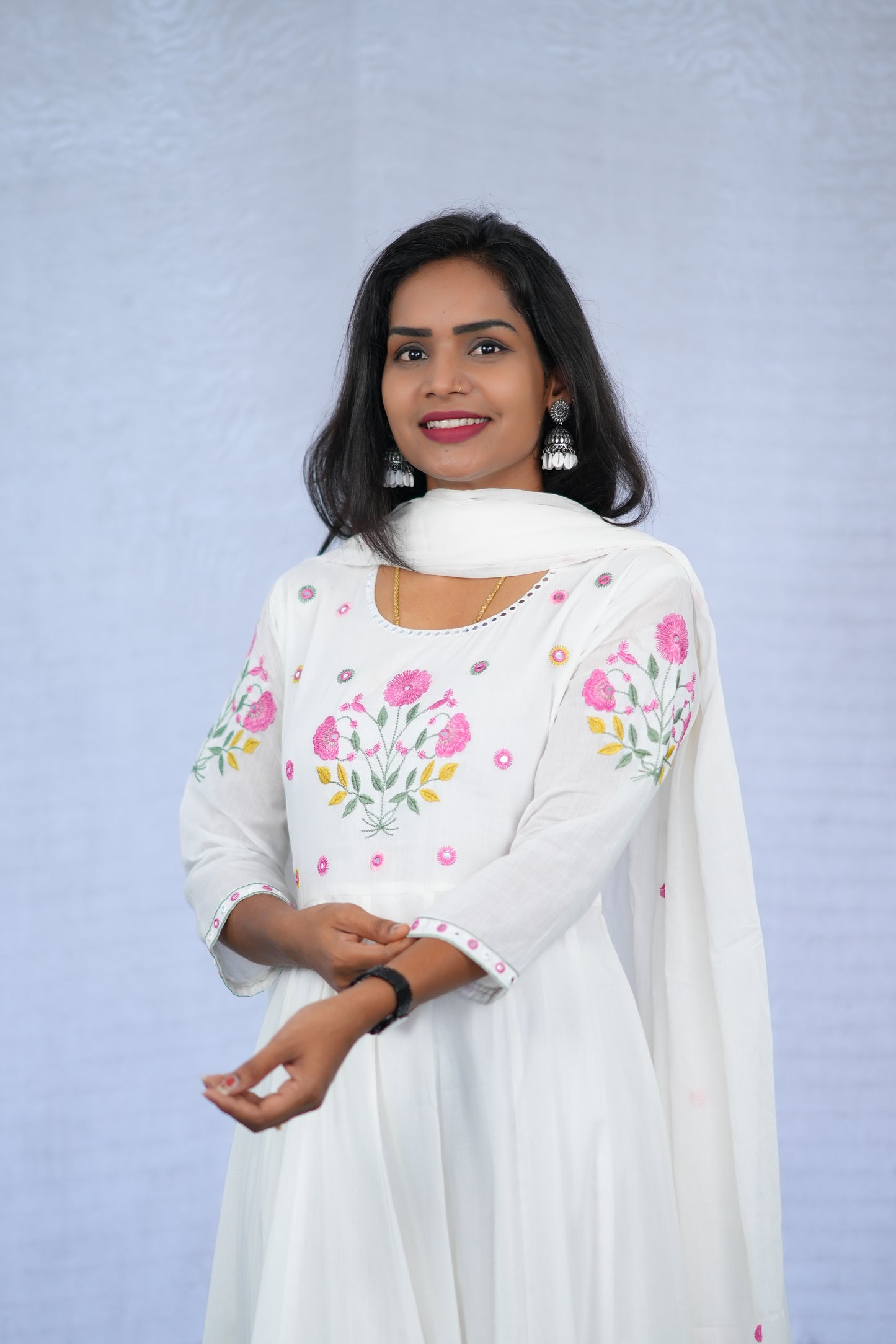 White Color Anarkali Mul Cotton 3 Piece set With Embroidery work and Complete Lining