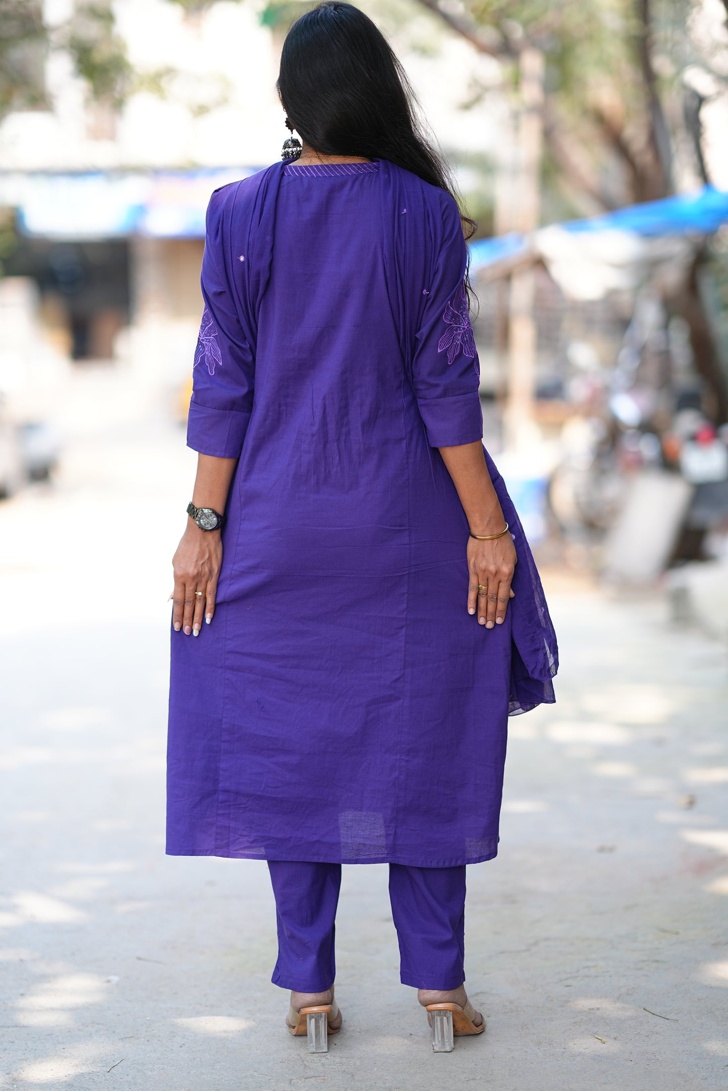 Purple Color Slub Cotton A Line 3 Piece Set With Complete Lining