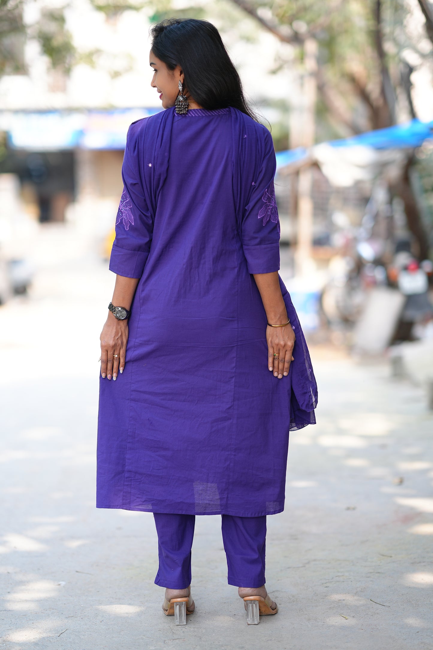 Royal Purple Jaipur Slub Cotton A Line 3 Piece Set With Lining