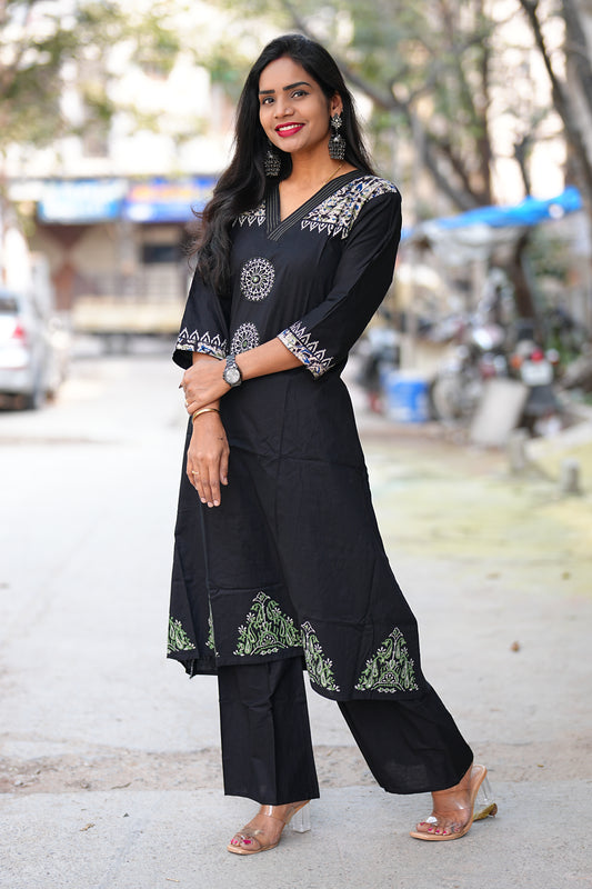 Black Color Jaipur Cotton Cordset With Kalamkari Patch Work
