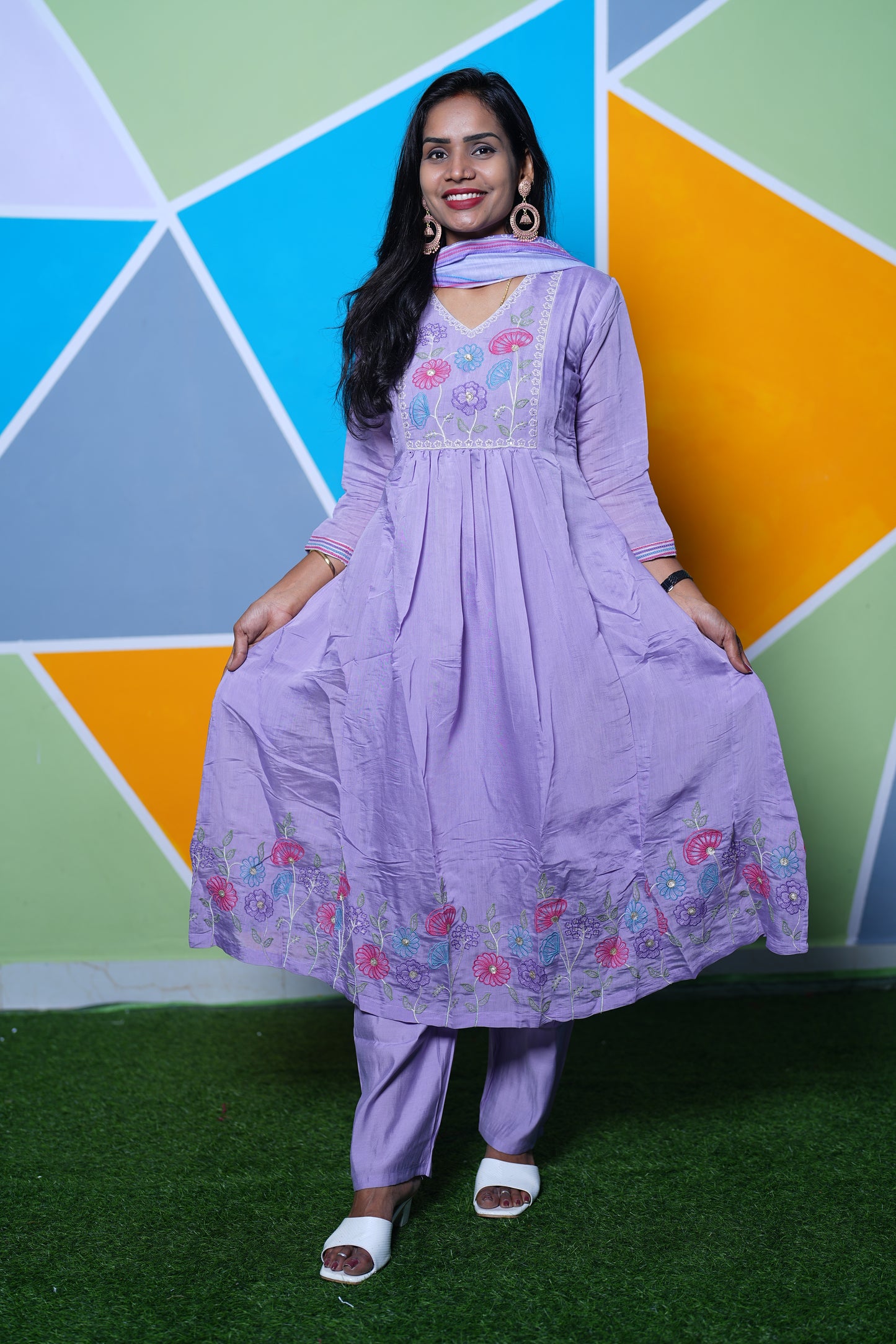 Lavander Color Mul Chandheri Designer Wear 3 Piece Set